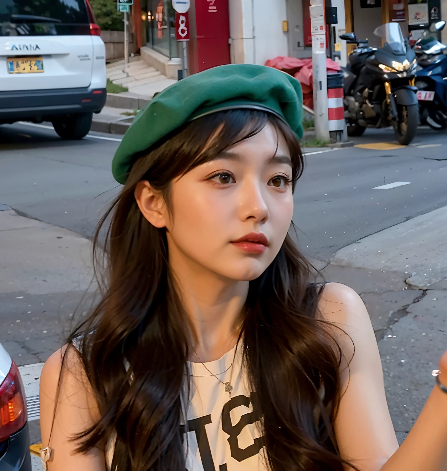 There was a woman standing on the roadside holding, chiho, Kojima from Yami, Wearing a berets, wearing a french beret, Ziyu was born twice, with hat, Kakiuchi Narumi, 奈良美智, Amano Ayumi Kojima, Taken in the early 2020s