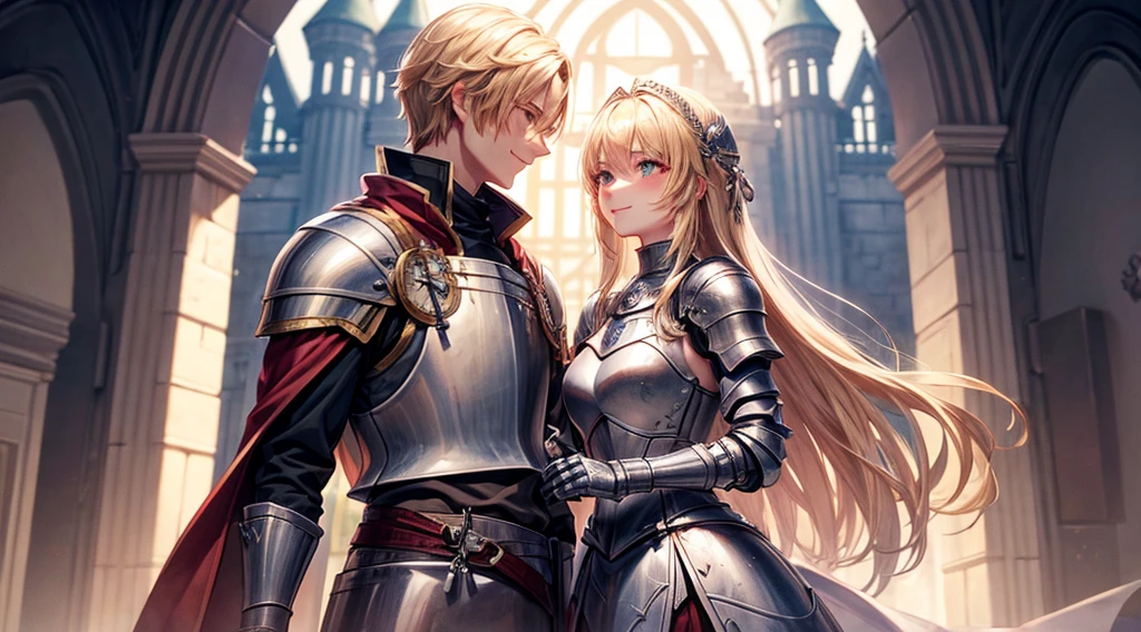 long hair female knight,short haired male knight,a smile,stare at each other,red blush,castle town,a blond