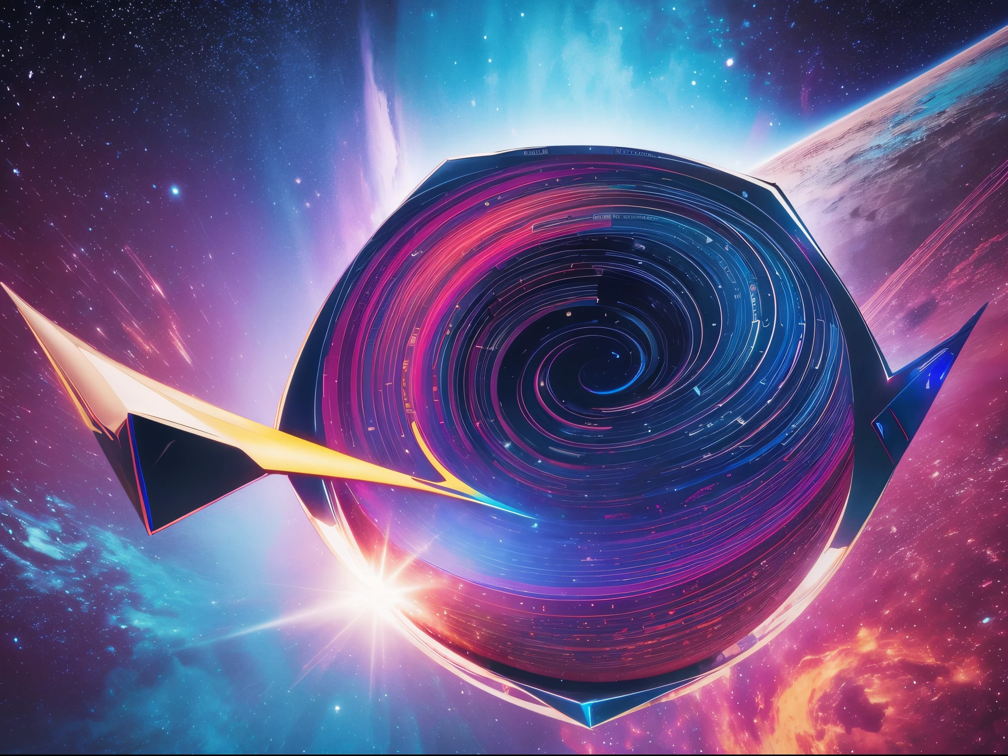 Explore a more abstract interpretation, using geometric shapes, bold colors, and a sense of cosmic energy to represent the spirit of "Star Trek: The Original Series."
