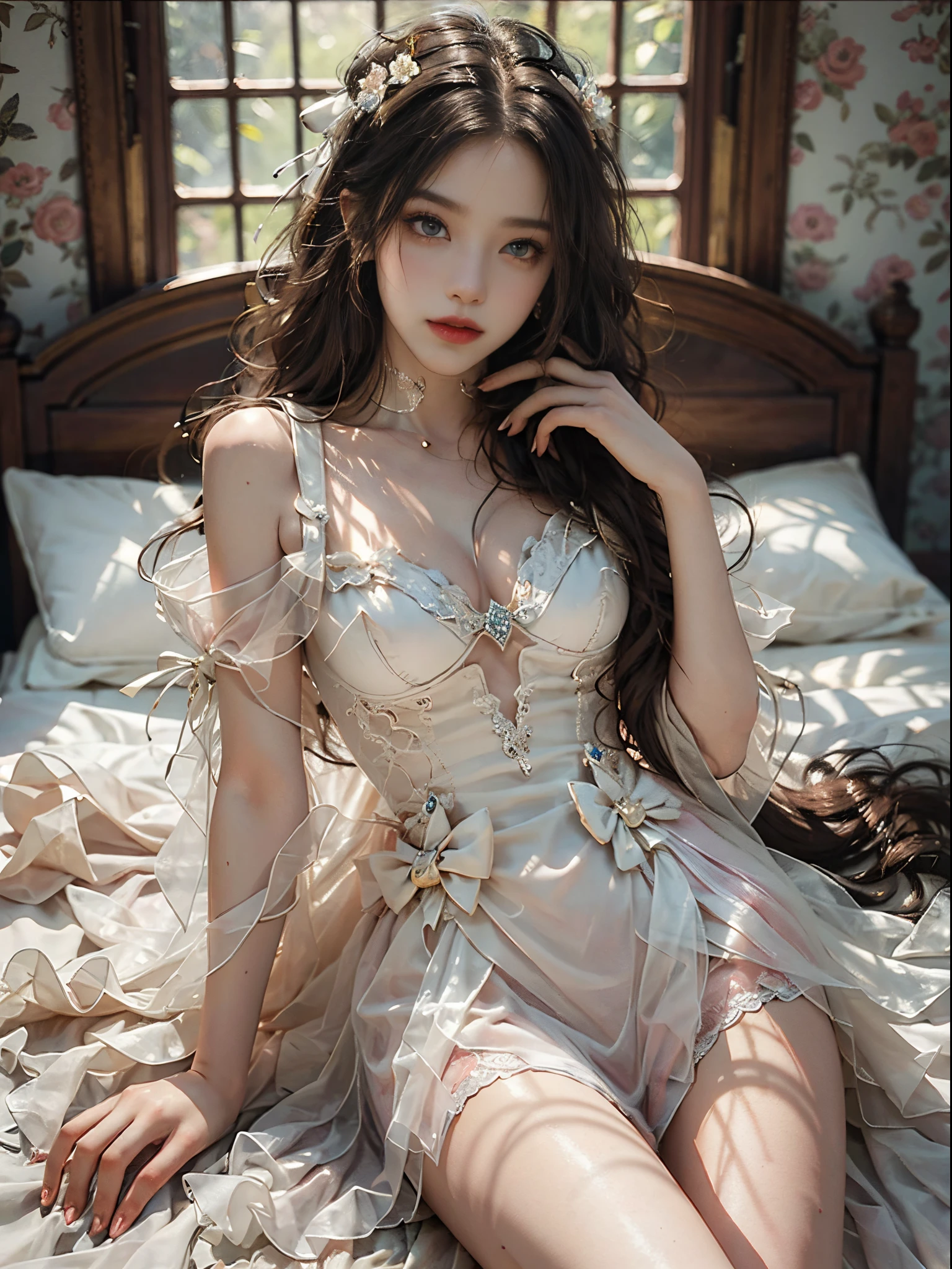Romantic Rosette dress2, fashi-girl, red lips, mature female, makeup, Big eyes. Pretty eyes, ((Random shooting angles)), (best quality, masterpiece:1.2), ultra-detailed, (realistic:1.37), beautiful, youthful, glamorous model with (detailed eyes, detailed lips, extremely detailed eyes), with white and floral colors, showcasing a radiant smile, slender figure, long legs, creating a breathtaking depiction of a girl, Warm tones, extremely high color saturation, official art, extremely detailed CG unified 8k wallpaper,(High dynamic range :1.4), (cinematic),(soft colors, dull colors, soothing tones :1.3), (natural skin texture, ultra-realistic, soft light, sharp),(very detailed), Pose for a picture lying in bed, elegant pose, attractive pose