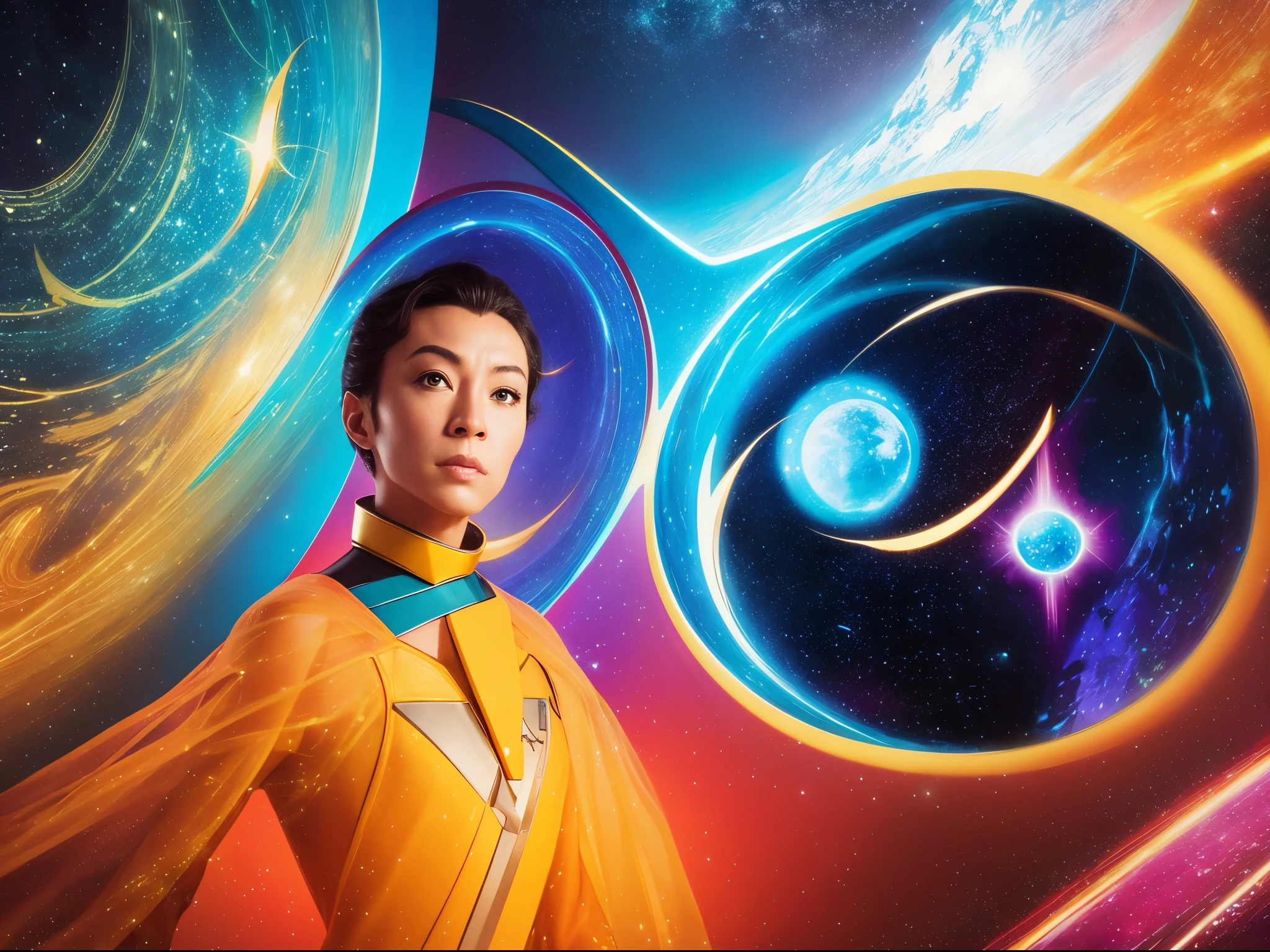 Explore a more abstract interpretation, using geometric shapes, bold colors, and a sense of cosmic energy to represent the spirit of "Star Trek: The Original Series."