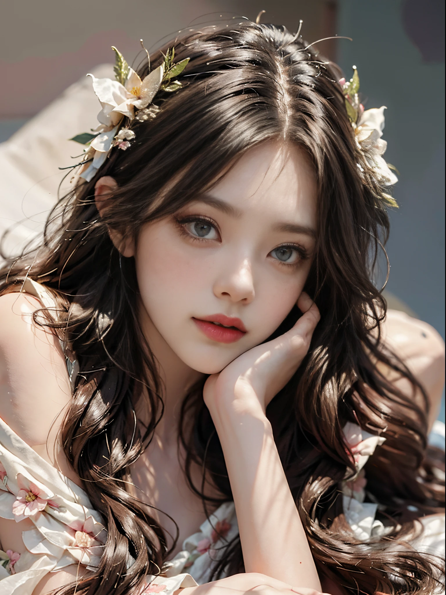 Romantic Rosette dress2, fashi-girl, red lips, mature female, makeup, Big eyes. Pretty eyes, ((Random shooting angles)), (best quality, masterpiece:1.2), ultra-detailed, (realistic:1.37), beautiful, youthful, glamorous model with (detailed eyes, detailed lips, extremely detailed eyes), with white and floral colors, showcasing a radiant smile, slender figure, long legs, creating a breathtaking depiction of a girl, Warm tones, extremely high color saturation, official art, extremely detailed CG unified 8k wallpaper,(High dynamic range :1.4), (cinematic),(soft colors, dull colors, soothing tones :1.3), (natural skin texture, ultra-realistic, soft light, sharp),(very detailed), Pose for a picture lying in bed, elegant pose, attractive pose