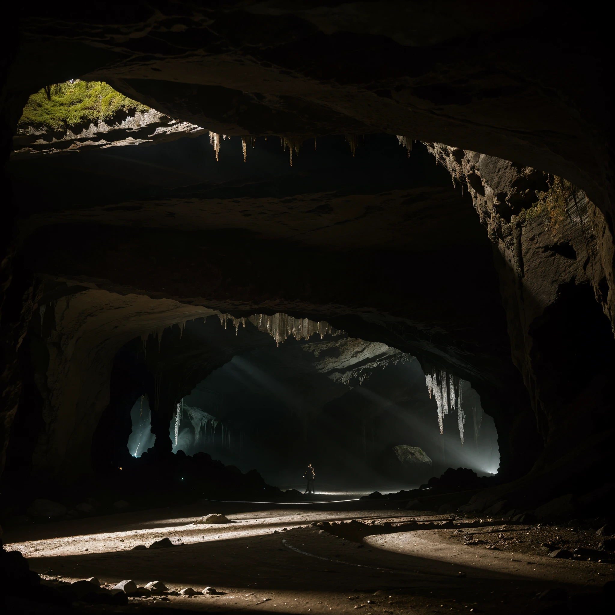 "Amidst the darkness, eerie but fascinating caves emerge from the shadows, their jagged walls casting long, foreboding silhouettes. The image, captured in a breathtaking photograph, showcases the twisting tunnels and cavernous depths that beckon exploration. Each cave is a mesmerizing blend of muted earth tones, featuring moss-covered stalactites hanging like ancient chandeliers. Delicate rays of soft light filter through cracks in the ceiling, illuminating mysterious rock formations and creating an ethereal atmosphere. The photographer skillfully captures the haunting beauty of these caves, inviting viewers to delve into their enigmatic secrets."