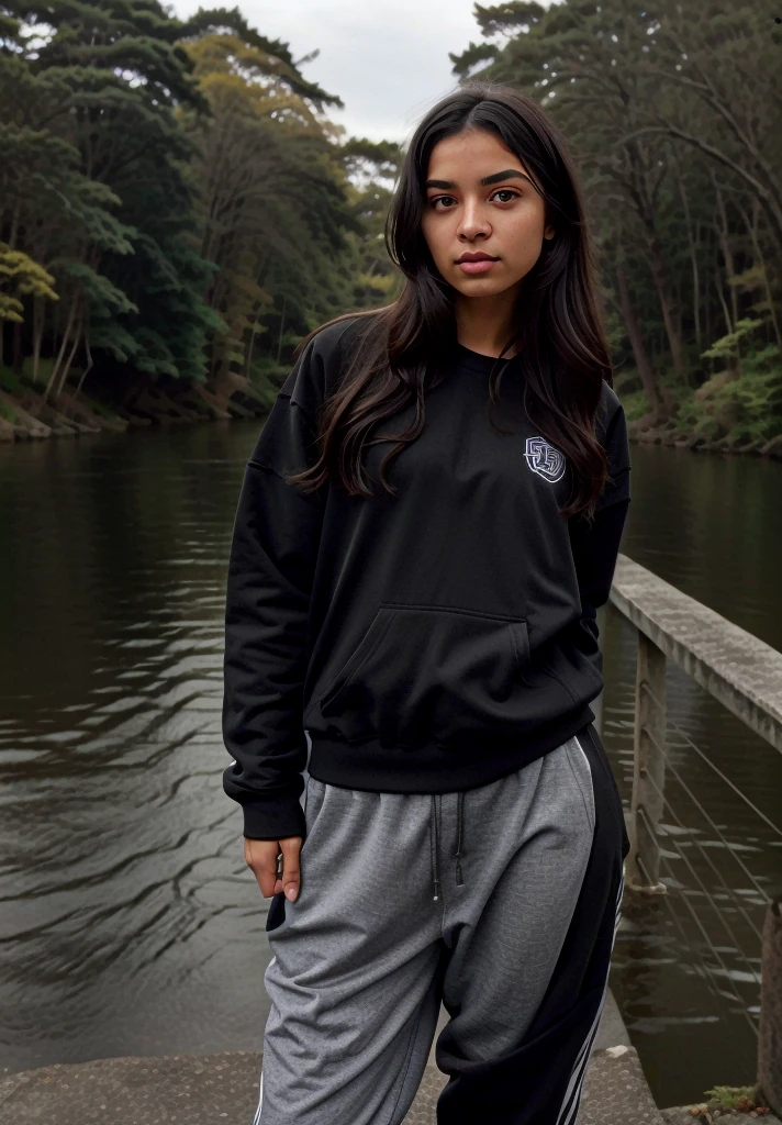 14-year-old girl,stop on a bridge with a river in the background, Ropa de senderismo, negro, photograph of a techwear woman, Ropa negra casual, con una sudadera con capucha negra, inspirado por Ion Andreescu, Ropa negra, Ropa deportiva, Ropa negra, wearing a track suit, Ropa vestida de negro, Imagen de perfil, con una sudadera con capucha negra