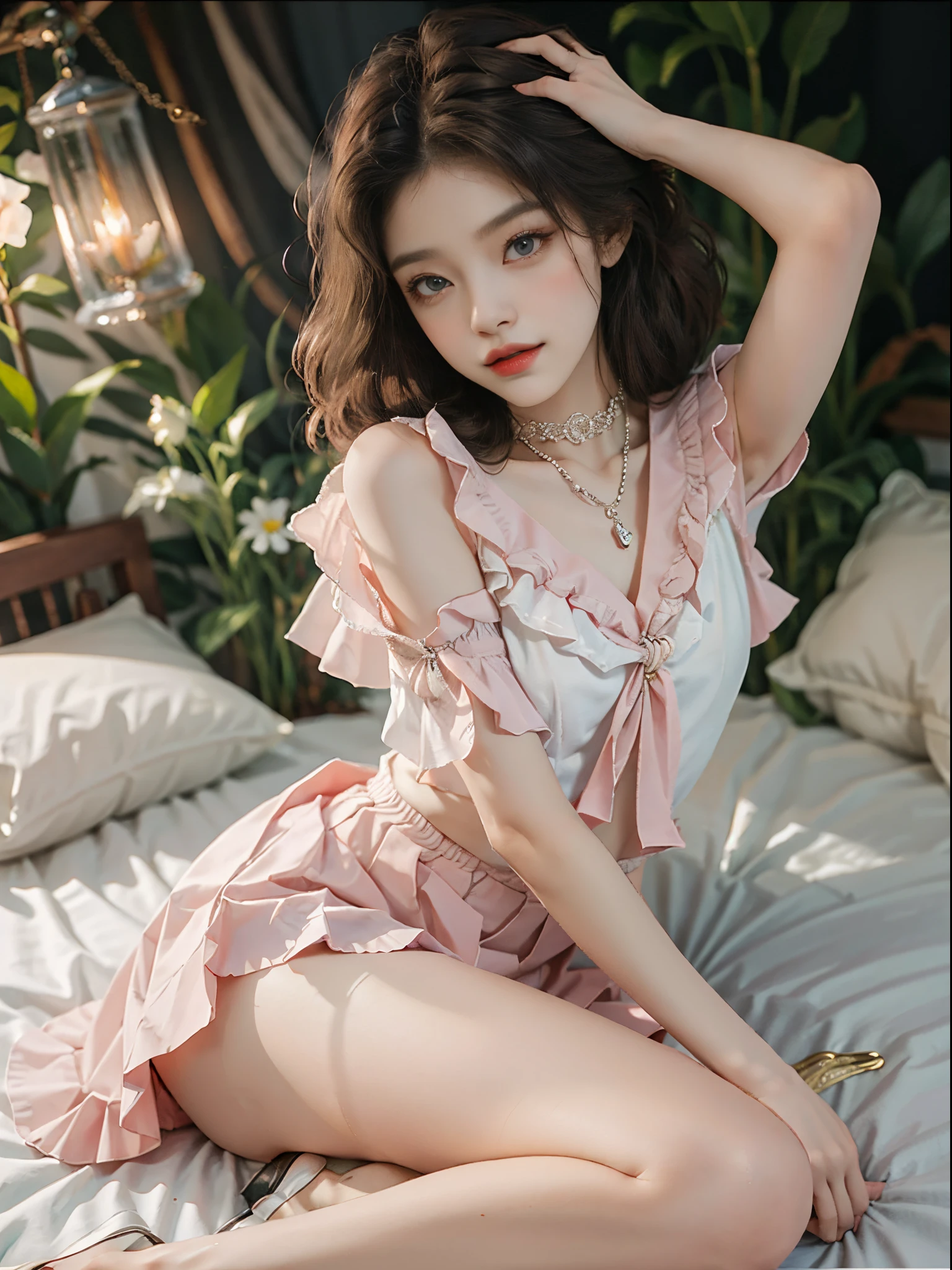 pleated skirt,pink skirt,pink sailor collar, fashi-girl, red lips, mature female, makeup, Big eyes. Pretty eyes, ((Random shooting angles)), (best quality, masterpiece:1.2), ultra-detailed, (realistic:1.37), beautiful, youthful, glamorous model with (detailed eyes, detailed lips, extremely detailed eyes), with white and floral colors, showcasing a radiant smile, slender figure, long legs, creating a breathtaking depiction of a girl, Warm tones, extremely high color saturation, official art, extremely detailed CG unified 8k wallpaper,(High dynamic range :1.4), (cinematic),(soft colors, dull colors, soothing tones :1.3), (natural skin texture, ultra-realistic, soft light, sharp),(very detailed), Pose for a picture lying in bed, elegant pose, attractive pose