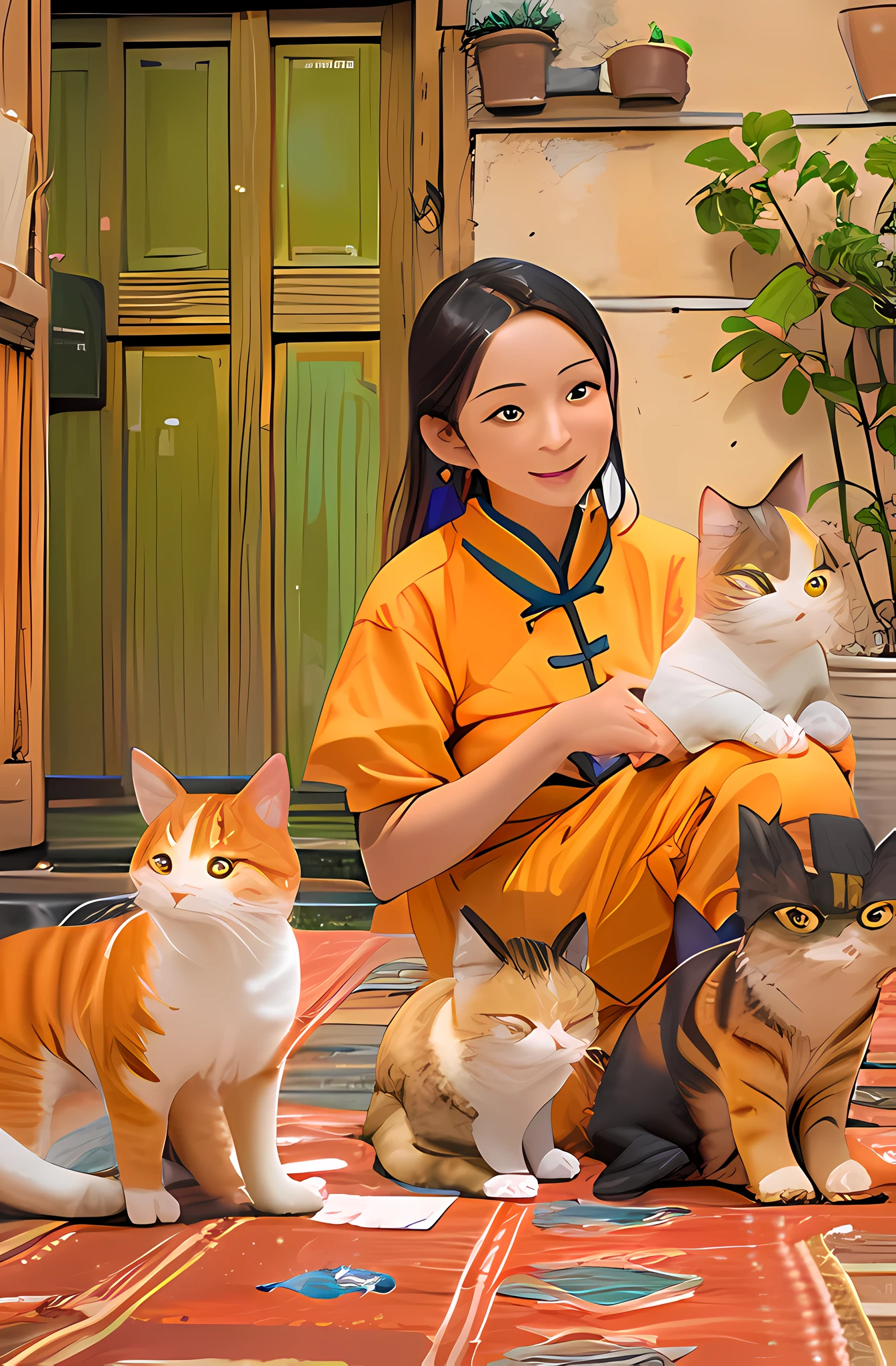 Chinese mother in defensive pose in foreground behind Latin girl with Chinese eyes hugging her mother'piernas, little orange cat grabbing mom'pierna, ropa colorida, ambiente casas coloniales, Mom and daughter, una madre una hija un gato
