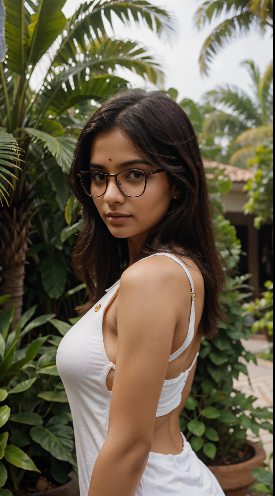 (Masterpiece,high quality, best quality), south Indian girl, glasses,portrait garden background