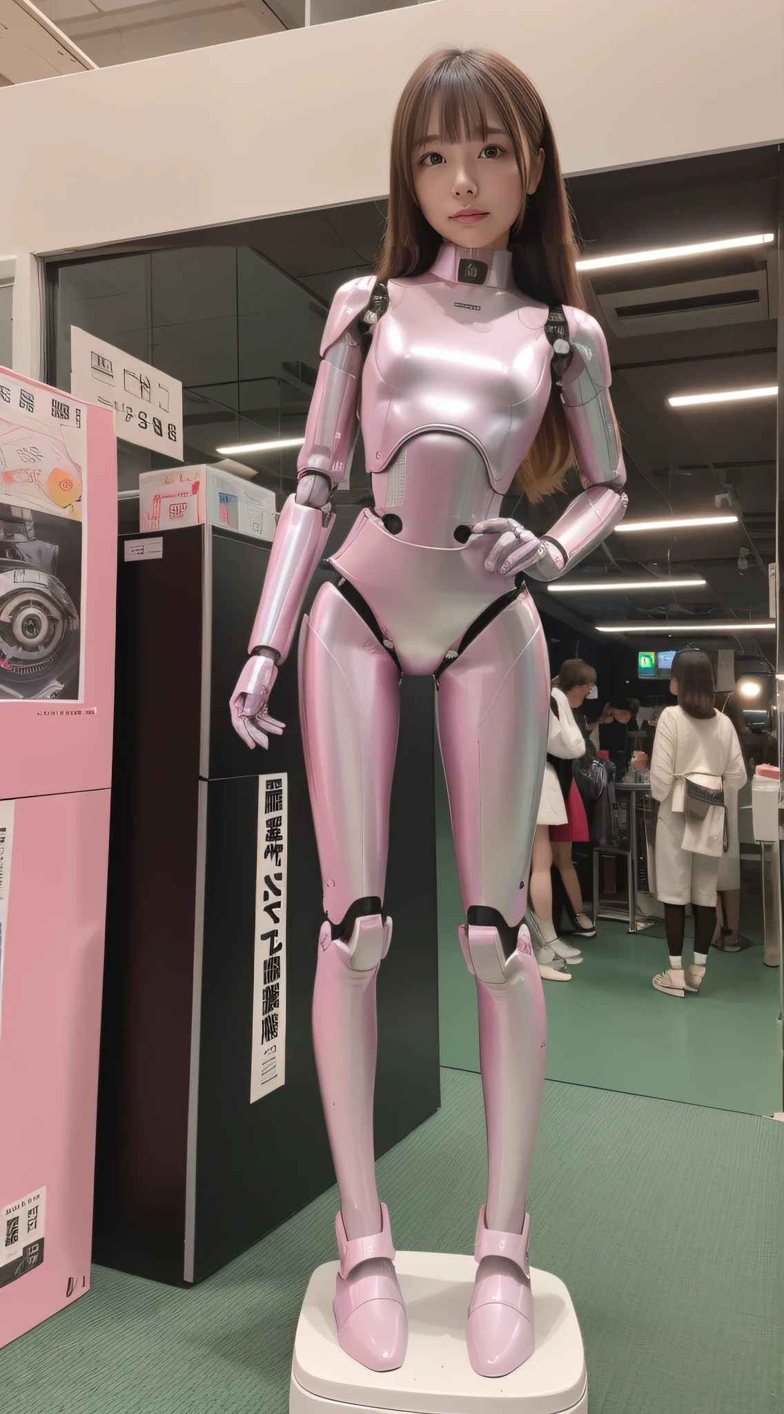 Robot Girl, pink there, Silver, Metallic body, Robot Parts, Metal Parts, Super Detailed Face, Super well-formed face, of the highest quality, a small face, small head, Brown hair, Slender body, Camera gaze, Internal Mechanical Exposure, Idol, Well-proportioned body, gravure, Photo session, akihabara, Moe Pose, Standing with legs open, Model body type, sad, Embarrassing,(Perfect Robot Girl),(Perfect machine body)