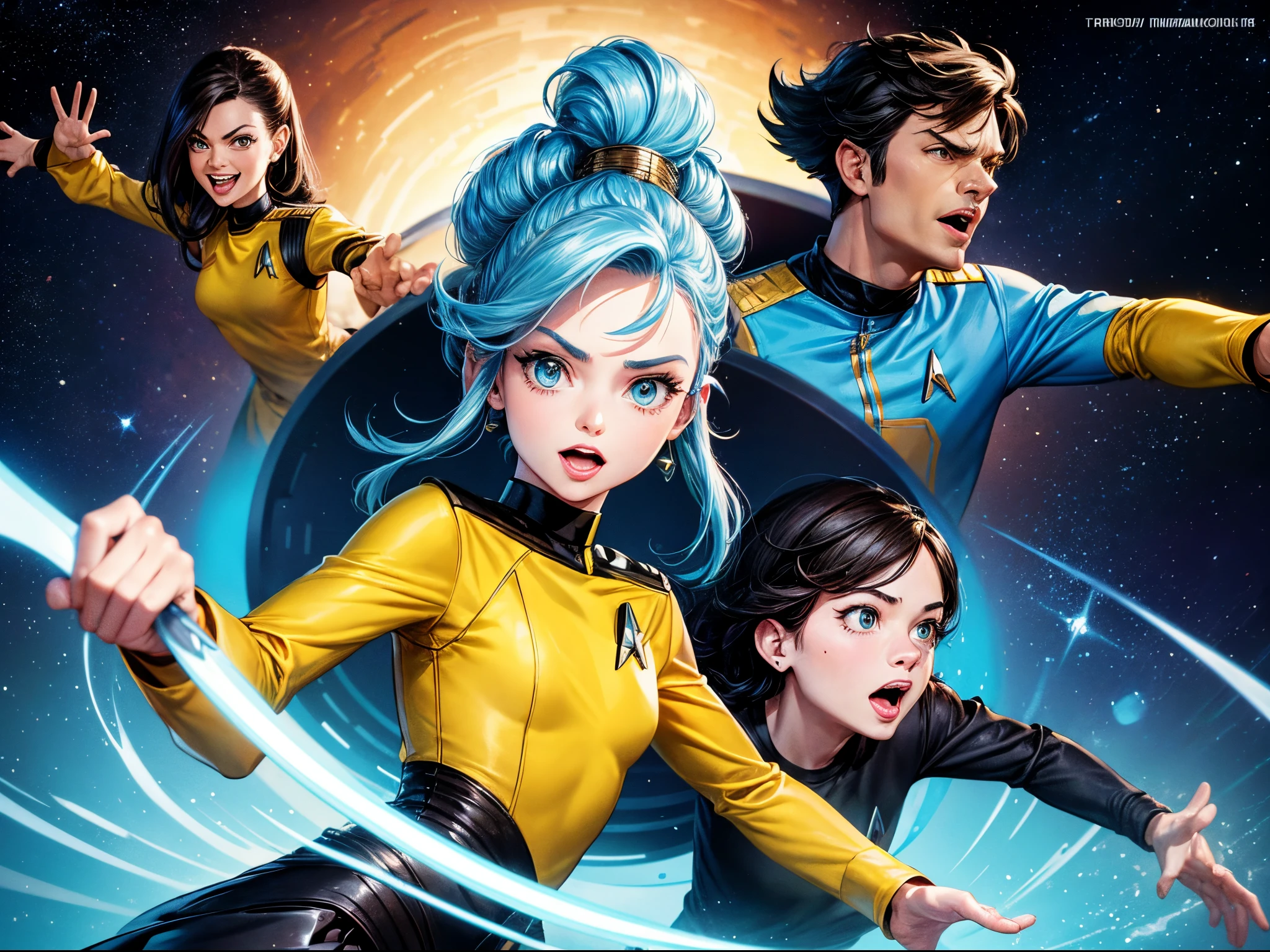 Illustrate the "Star Trek: The Original Series" crew in a playful and exaggerated cartoon style, emphasizing humor and quirky expressions. Think of cartoon styles similar to Matt Groening or Butch Hartman.