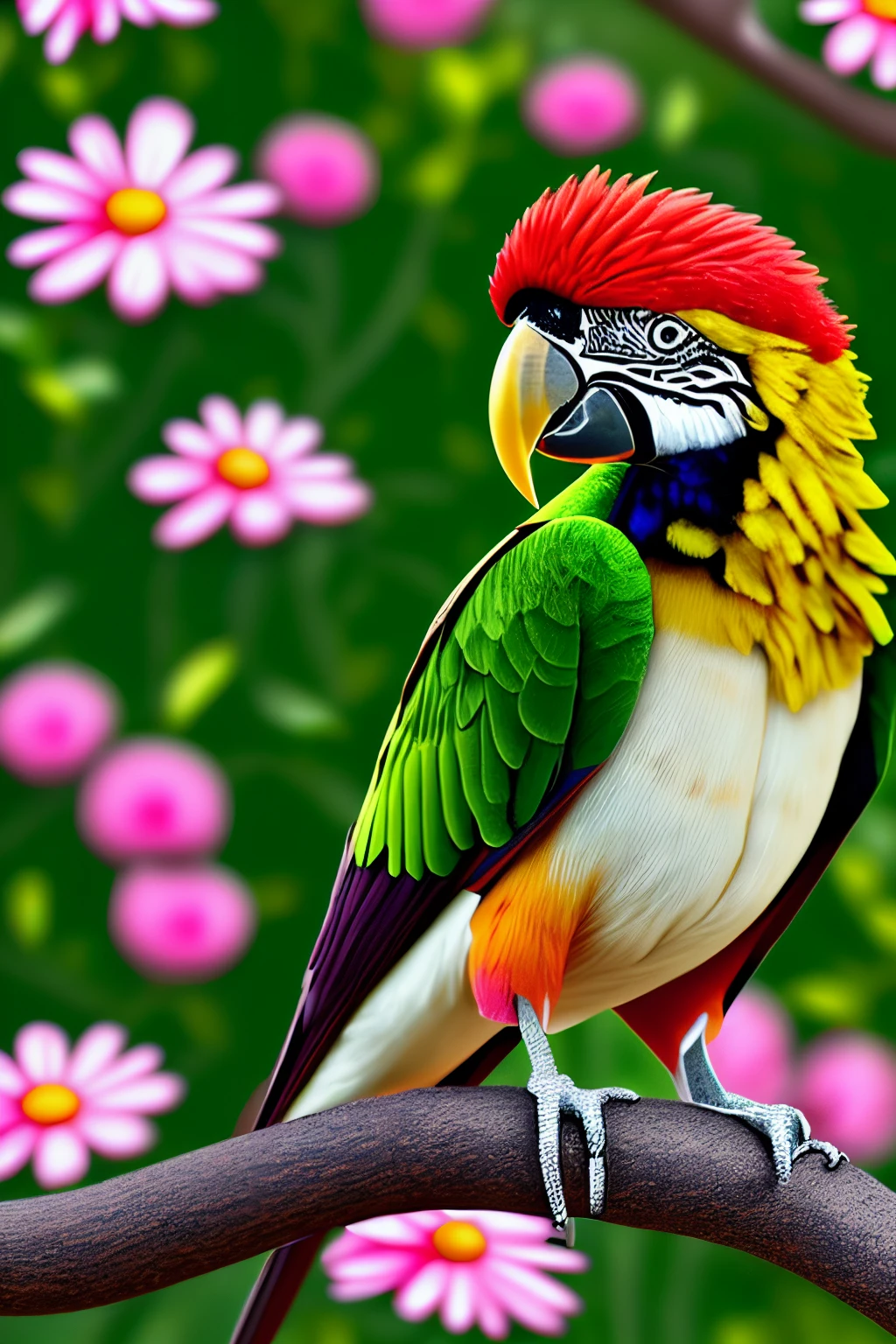 a Macaw sitting on a branch with pink flowers, cgi art, red-yellow colors, hyper-realistic sparrows, pinterest, photorealistic art style, in rich colors, an image generated out there, very detailed portrait, singing to you, breathtaking rendering --auto --s2