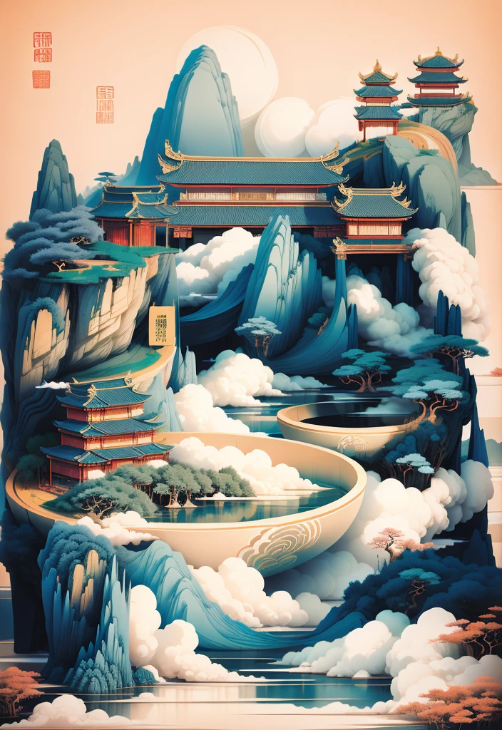 ((tmasterpiece)), ((nice)), ((high detal)), ((actual)), cloud, cloud, blue lake, face, bowl, door, stone ladder to the hill, Tower, wine altar, flower, bamboo, Chinese landscape, ancient architecture, Chinese architecture, Chinese traditional trend style, illustration, soft style, dream atmosphere, Boson, lifelike technology, meticulous brush technology, rich milk, Zen aesthetics, illustration poster design, graphic design, beautiful ancient Chinese architecture, clouds, flowers, water flow, abstract illustration, edge light, dream, fantasy, vector line drawing, surreal