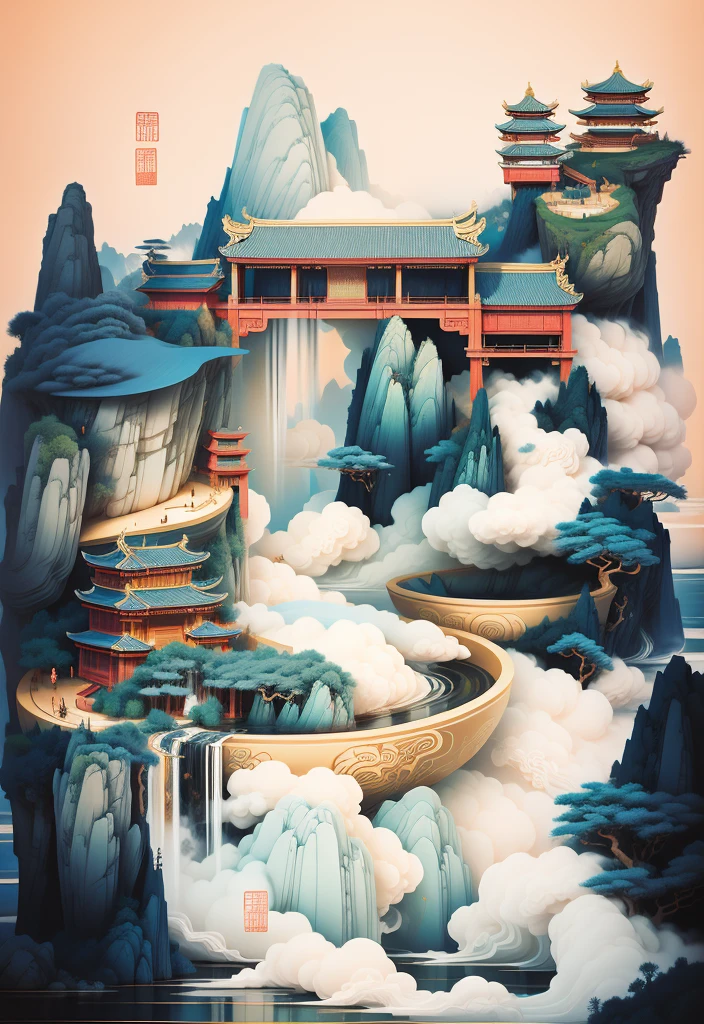 ((tmasterpiece)), ((nice)), ((high detal)), ((actual)), cloud, cloud, blue lake, face, bowl, door, stone ladder to the hill, Tower, wine altar, flower, bamboo, Chinese landscape, ancient architecture, Chinese architecture, Chinese traditional trend style, illustration, soft style, dream atmosphere, Boson, lifelike technology, meticulous brush technology, rich milk, Zen aesthetics, illustration poster design, graphic design, beautiful ancient Chinese architecture, clouds, flowers, water flow, abstract illustration, edge light, dream, fantasy, vector line drawing, surreal