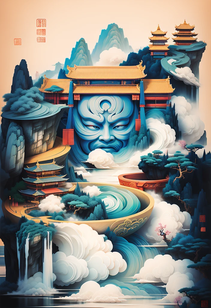 ((tmasterpiece)), ((nice)), ((high detal)), ((actual)), cloud, cloud, blue lake, face, bowl, door, stone ladder to the hill, Tower, wine altar, flower, bamboo, Chinese landscape, ancient architecture, Chinese architecture, Chinese traditional trend style, illustration, soft style, dream atmosphere, Boson, lifelike technology, meticulous brush technology, rich milk, Zen aesthetics, illustration poster design, graphic design, beautiful ancient Chinese architecture, clouds, flowers, water flow, abstract illustration, edge light, dream, fantasy, vector line drawing, surreal
