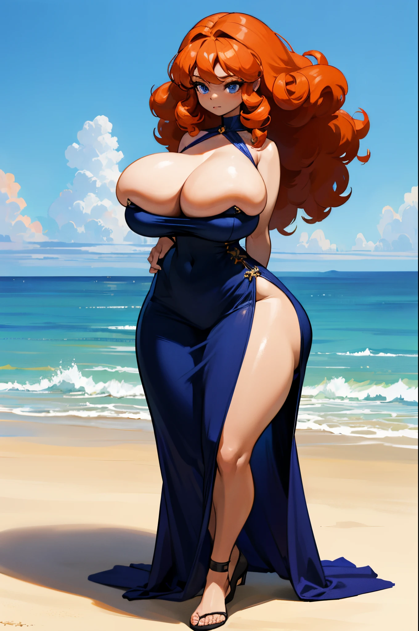 ,((masterpiece)),(((bestquality))),((ultra-detailed)),1girl, solo, dark skin,long hair curly hair,orange hair, blue eyes, navy blue dress, Beach dress, mature women,wide hips, thick thighs, gigantic breasts,