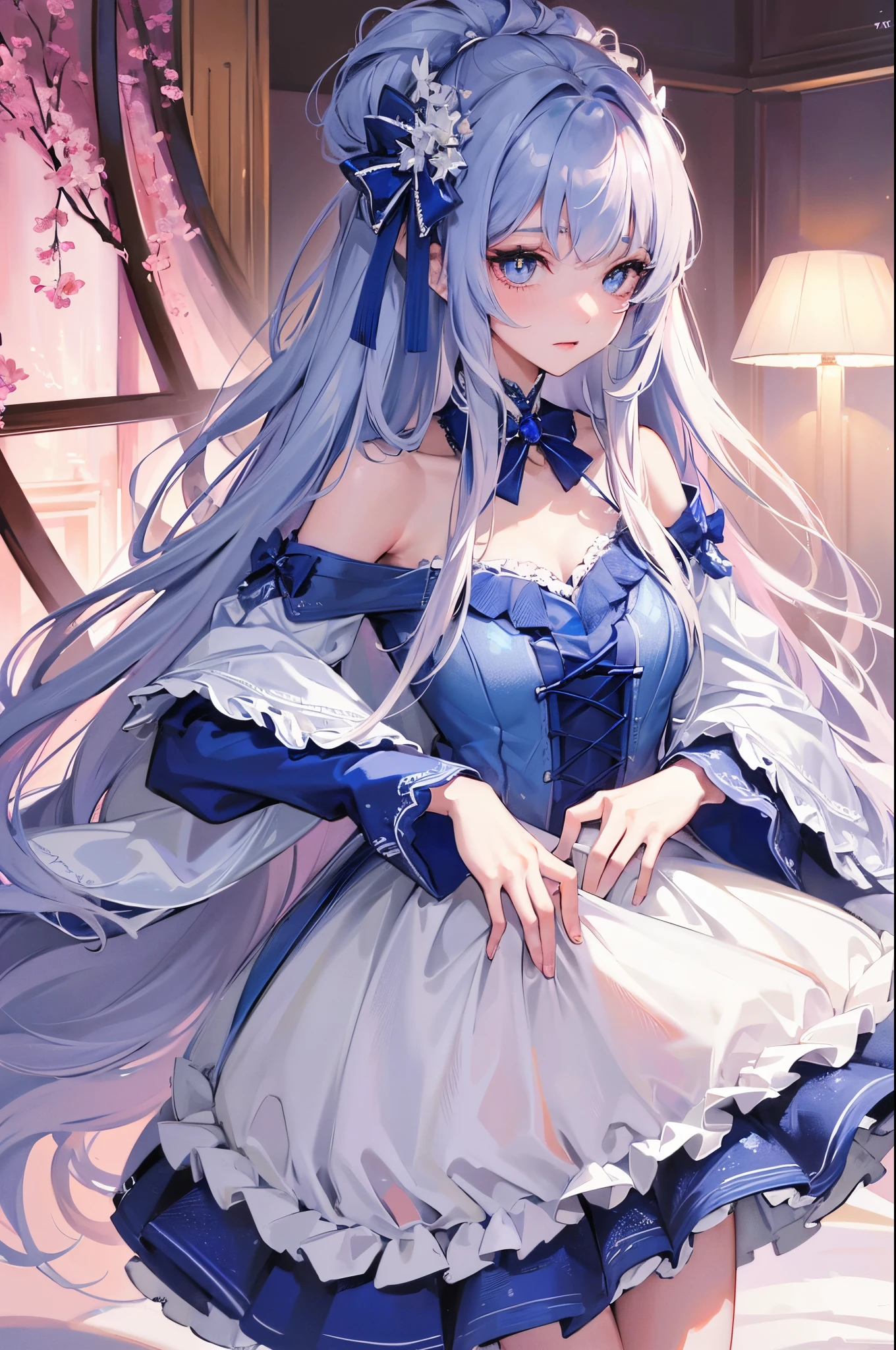 tmasterpiece,(Best quality at best),Very meticulous,ultra - detailed,1 Sister, a blue dress, pretty eyes,white backgrounid, Nice face, NSFW,in pink,