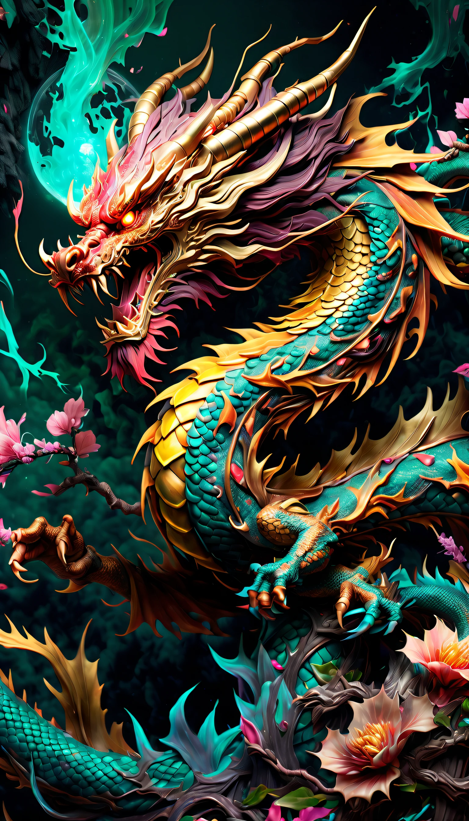 (((Visually captivating detailed description:1.4))), (((Chinese dragon depicting awe and magnificent details:1.3))), (((Radiosity rendered in stunning 32K resolution:1.3))), All captured with sharp focus, Unparalleled sharpness and clarity, (((Radiosity rendered in astonishing 32K resolution:1.3))), Highest Quality, hightquality, Imagine a visually striking illustration of a Chinese dragon, Creative flowers with neon brush strokes and a subtle matte finish. Very beautifully、Unique and diverse drawing styles, Color Style A perfect blend of steampunk and dark fantasy rich colors, Beautiful shiny texture, A style that combines science fiction and dark fantasy, The essence of military weapons and future technology, Mesmerizing levels of complexity and precision, High-definition beauty at the pixel level, elaboration shading, Attention to the most intricate details. Elegant strokes with a variety of touches and dynamics, Mysterious brushstrokes and a matte finish, (((Amazing depiction of highly detailed quality:1.3))), (((A breathtakingly beautiful masterpiece:1.3))), A breathtakingly beautiful masterpiece,