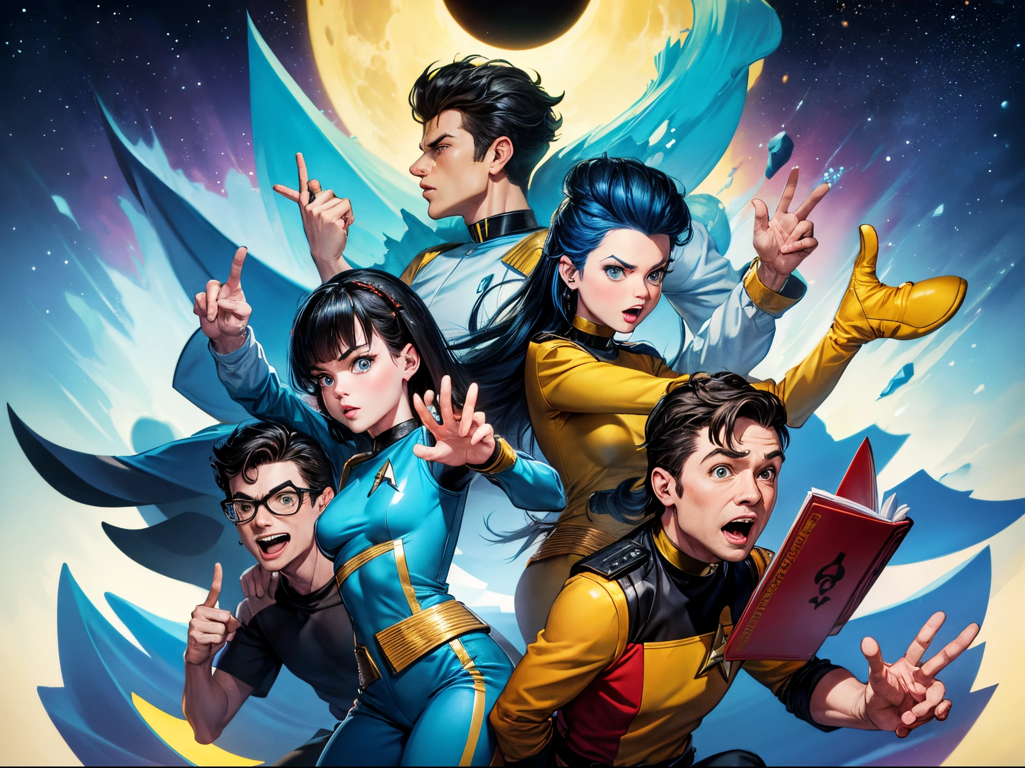 Depict the characters of "Star Trek: The Next Generation", enormous tits, in a playful and exaggerated cartoon style, emphasizing their unique personalities and humorous interactions. Draw inspiration from cartoonists like Mike Mignola or Bruce Timm.