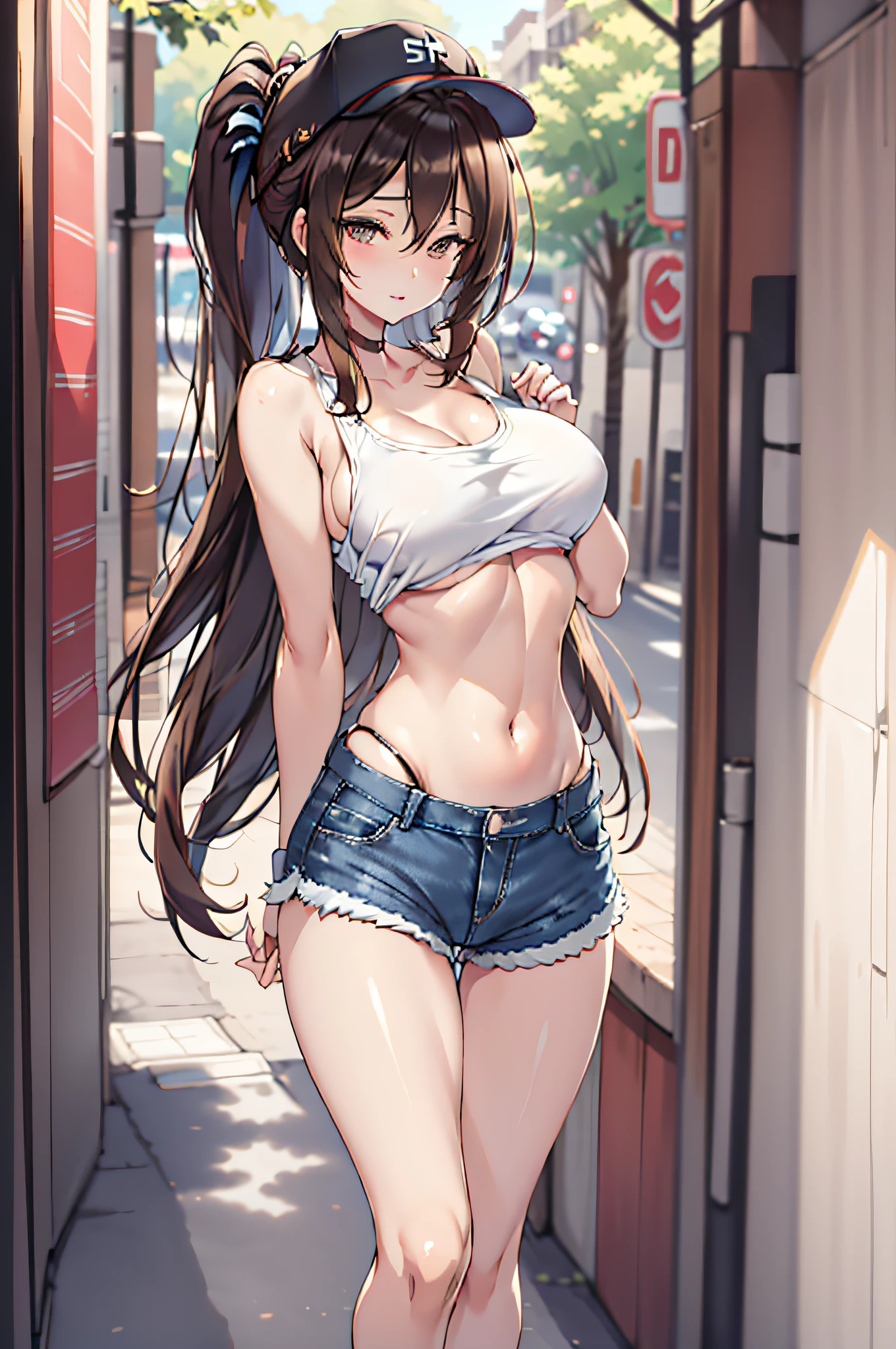 Beautiful, (masutepiece:1.2), (Best Quality:1.2), Perfect eyes, Perfect face, Perfect Lighting, 1girl in, Ass, Back, Buckboob, Baseball Cap, Black panties, breasts, Brown hair, croptop, cutoffs, denim, Denim shorts, Facing away, from the rear, hat, highleg, high leg pantie, Long hair, Central ditch, Large breasts, Micro shorts, Panties, Ponytail, Short shorts, Shorts, sideboob barbosa,  Background, Solo, Tank top, thighs thighs thighs thighs, thong, Underwear, field, tussock, Walkway, Huge ass, wide hips, arms at the sides