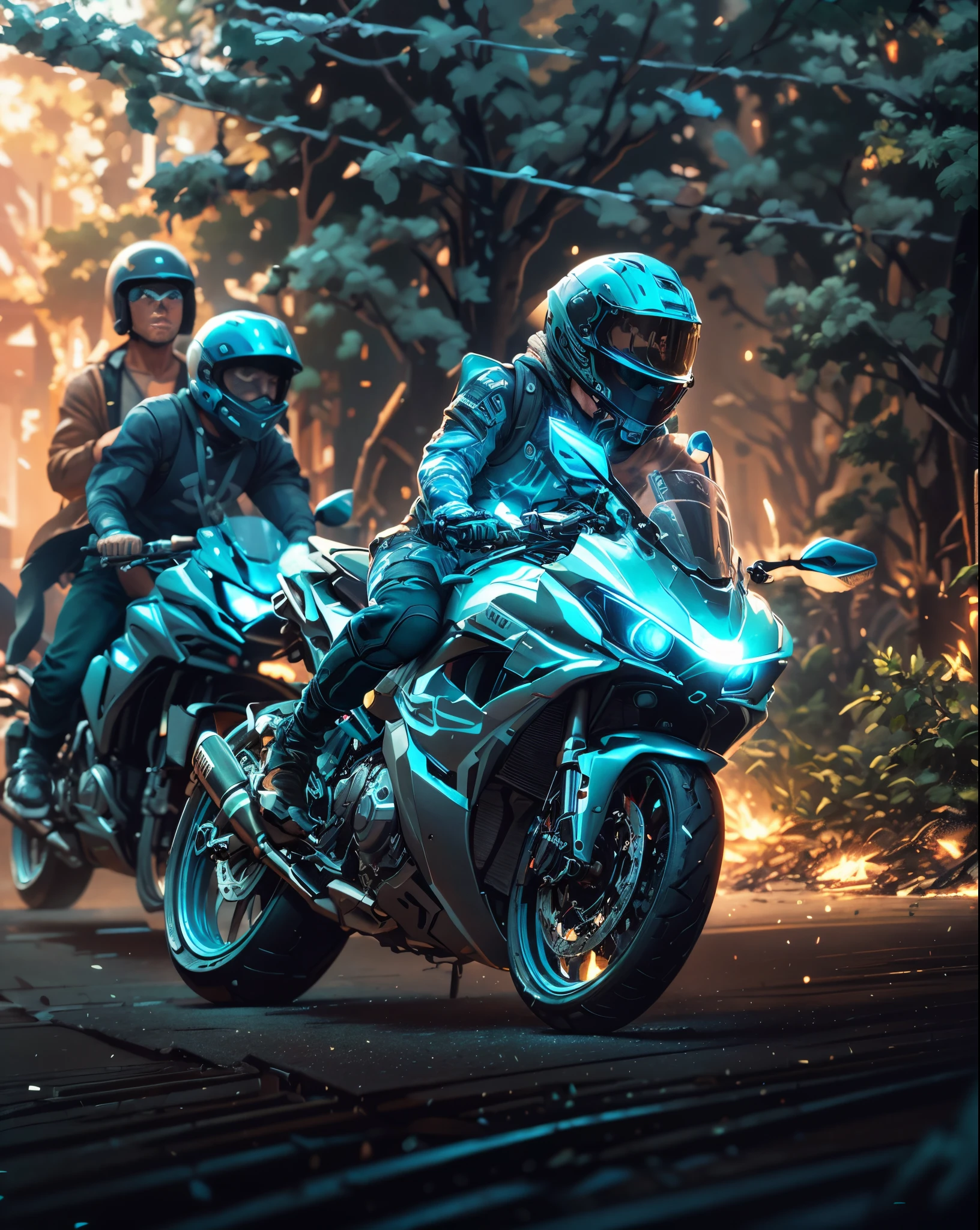 【Illustration】 Comic page, there are multiple panels on one page: in the city full of gunsmoke (far view), several male and female racers riding motorcycles, crazy racing in the alley, tire rubbing the ground sparks, smoke and dust (close-up, low horizontal motion blur), there  a strong sense of impact. [Continuous shooting] in the style of Andreas Rocha, cobalt blue and reflective silver, film P30, oblique format composition