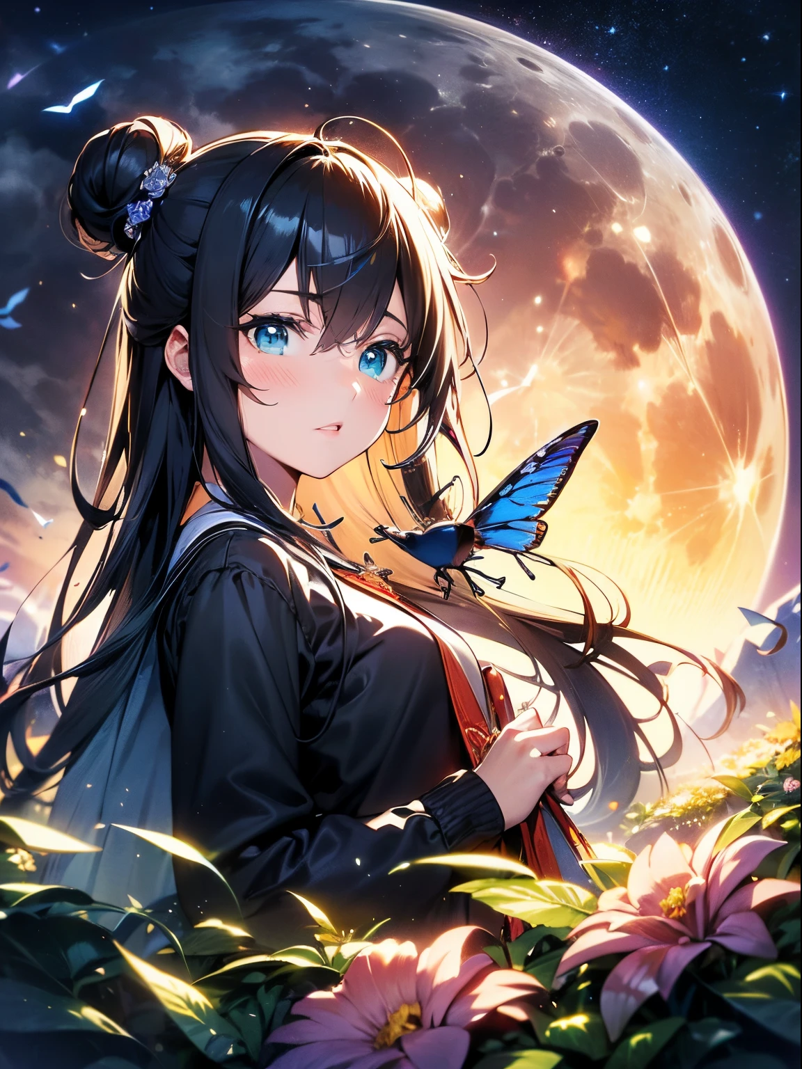 Green eyes、 Long hair in two buns, Amount of money when breaking up.、A dark-haired、imaginative fantasy landscape, a storybook illustration, inky,having a good time,butterflys, flowers around,(fullmoon), iconic symbol,top-quality、facefocus、Soft light、detail,