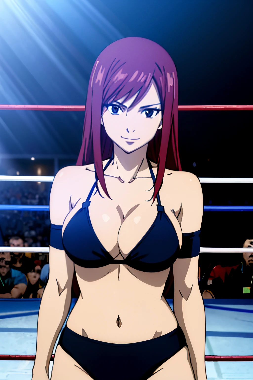 ((black bikini only)), (((wrestling arena))), spotlights, upper body view, please prioritize (best quality, 4k, 8k, highres, masterpiece:1.2), ultra-detailed, and (realistic, photorealistic, photo-realistic:1.37) rendering. (()), ((black bikini only)), big breasts, groin, ultra detailed face, perfect anatomy, 8k, standing, perfect body proportions, highest quality, 1girl, solo, (()), (very little biceps) , happy, smile, ERZASCARLET, big breasts, cleavage, off-shoulder, tall girl, (shiny hair), detailed red hair, closed mouth, very big eyes, long belly, wide shoulders, For the image quality, To enhance the visuals, add HDR, UHD, studio lighting, ultra-fine painting, sharp focus, physically based rendering, extreme detail description, professional, vivid colors