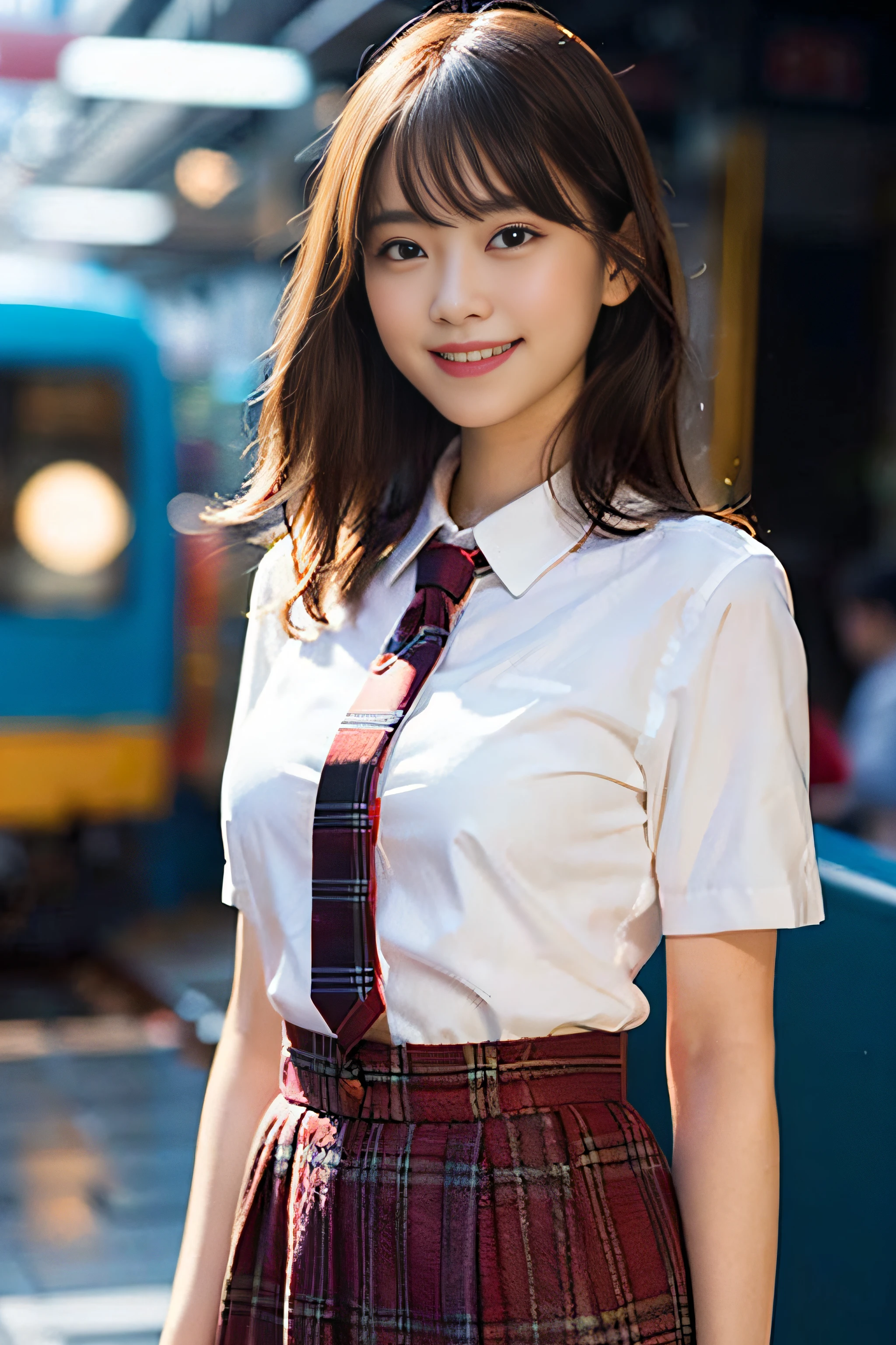 (8K、Raw photography、top-quality、masterpiece:1.2)、(realisitic、Photorealsitic:1.37)、ultra-detailliert、超A high resolution、女の子1人、see the beholder、beautifull detailed face、A smile、Constriction、(Slim waist) :1.3)、Beautiful detailed skin、Skin Texture、Floating hair、Professional Lighting、Whole human body、Longhaire、white shirt、shortsleeves、Red plaid skirt、Red plaid tie、Bob Hair、E-cup、Happy smile、sixteen years old、Red ribbons、a baby face、Childish smile、Suppin、Moisturizing lips、Light pink lips、Train Stations