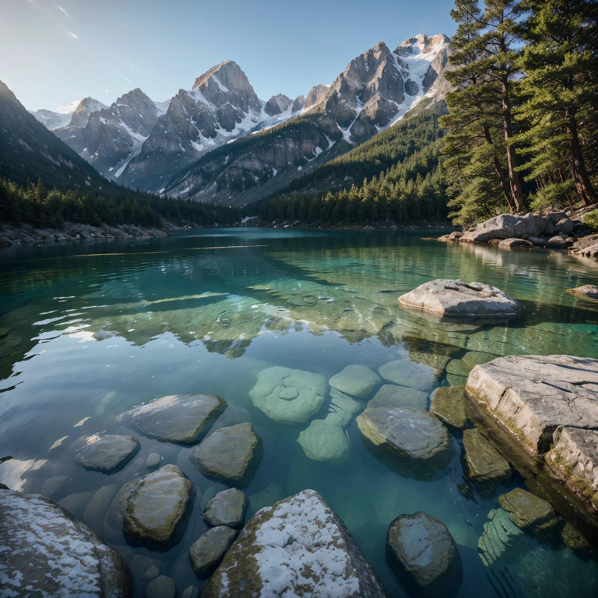 Crystal-clear mountain springs, glistening with pristine purity and shimmering like liquid diamonds as they cascade down jagged rocks, captivating all who behold them. This breathtaking photograph captures the serenity of nature, showcasing the crystal-clear waters amidst towering peaks, a visual masterpiece that evokes a sense of tranquility and awe. The image's impeccable clarity and vibrant hues transport the viewer to a realm of sublime beauty, where the melody of trickling water and the freshness of the mountain air converge.