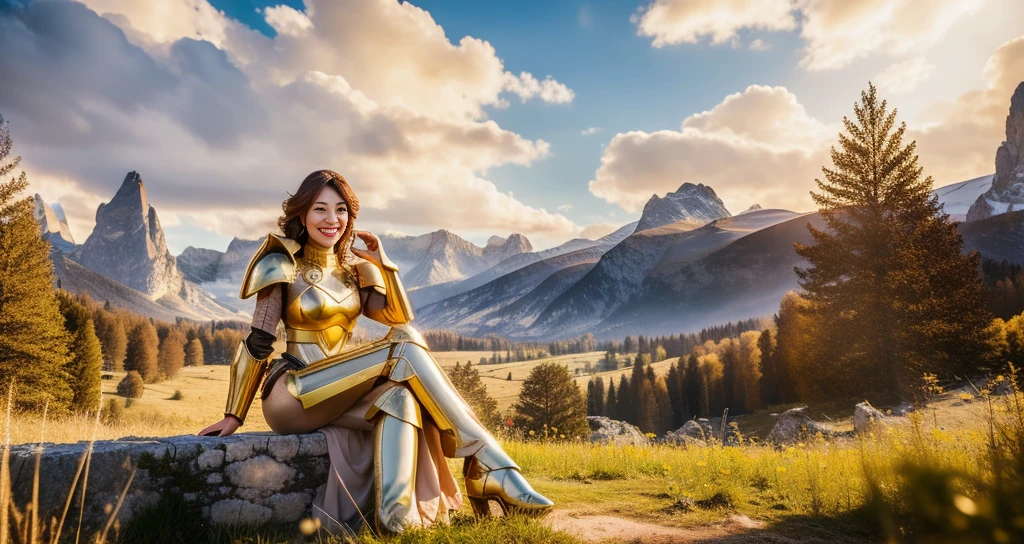 hd masterpiece of woman sitting on a golden throne, outdoors, wearing cybernetic armor, pretty face, smiling, mountains, and clouds, airships in the sky, forest background