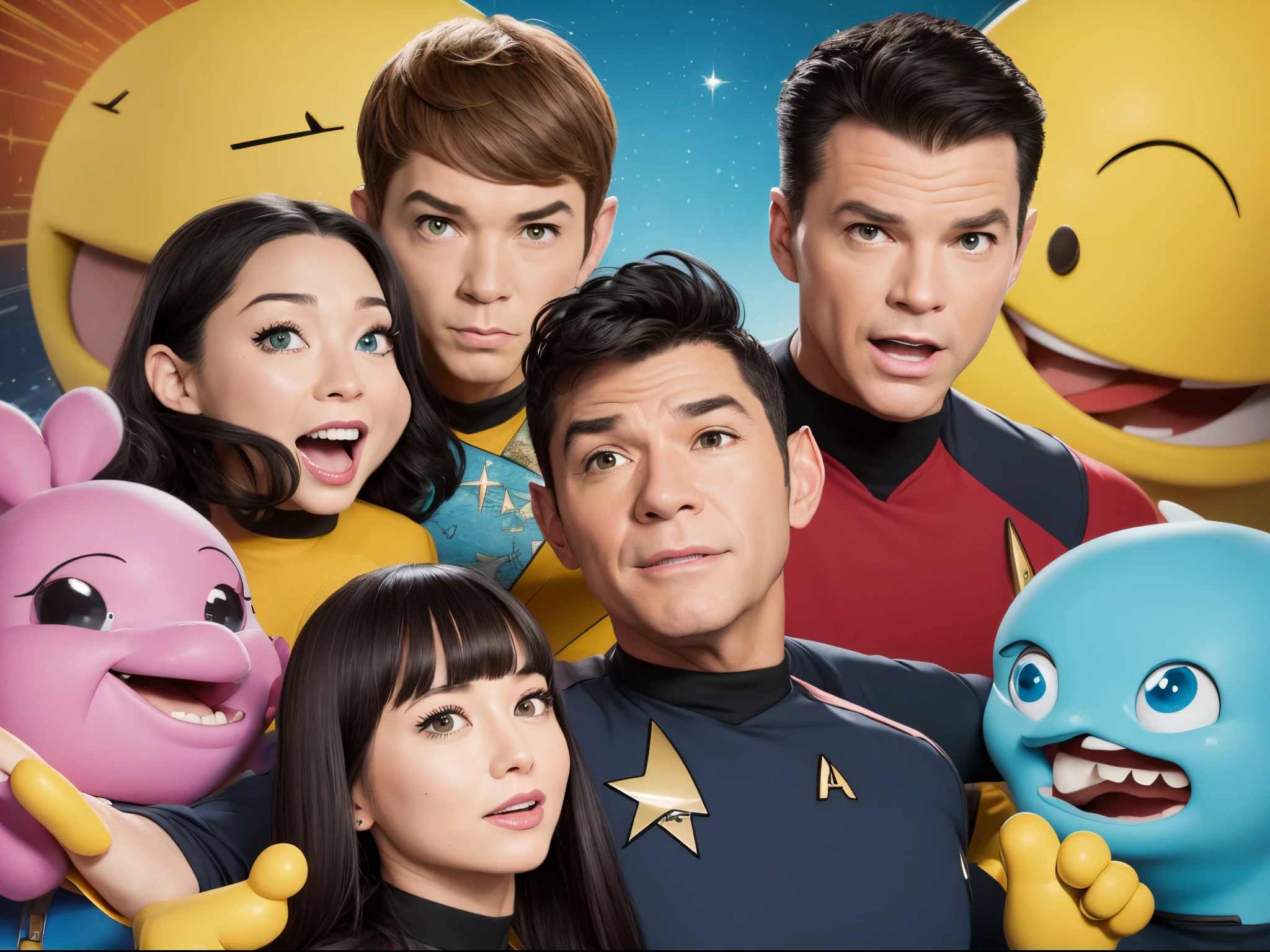 Illustrate the "Star Trek: The Original Series" crew in a playful and exaggerated cartoon style, emphasizing humor and quirky expressions. Think of cartoon styles similar to Matt Groening or Butch Hartman.