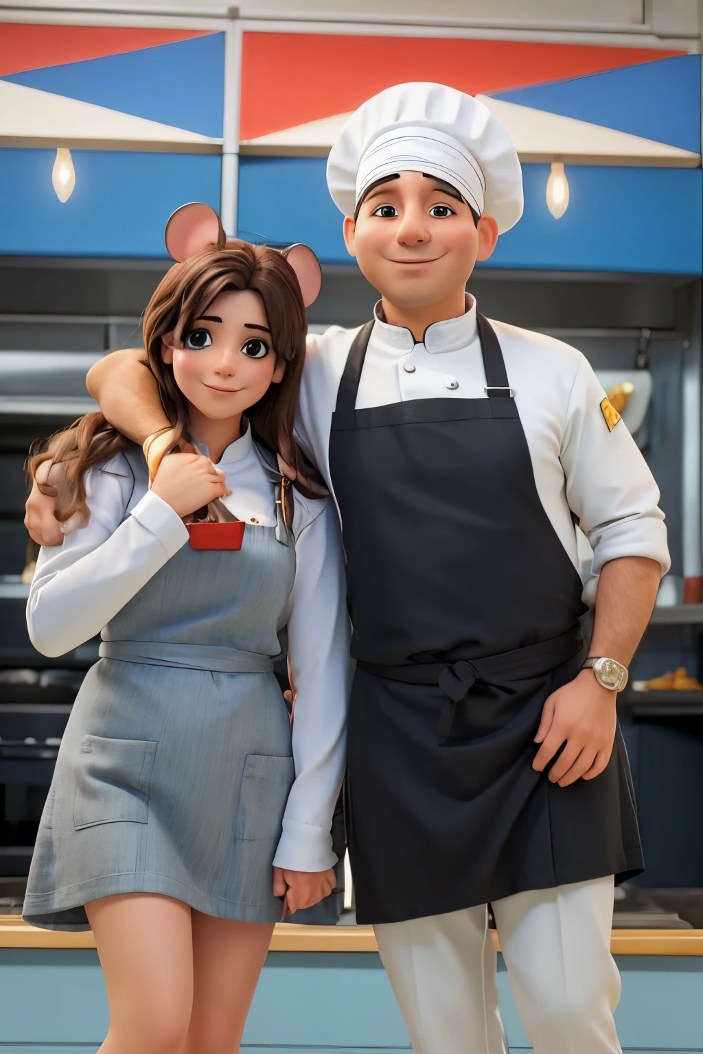 Photo of couple dressed as mouse and chef, abrazados,