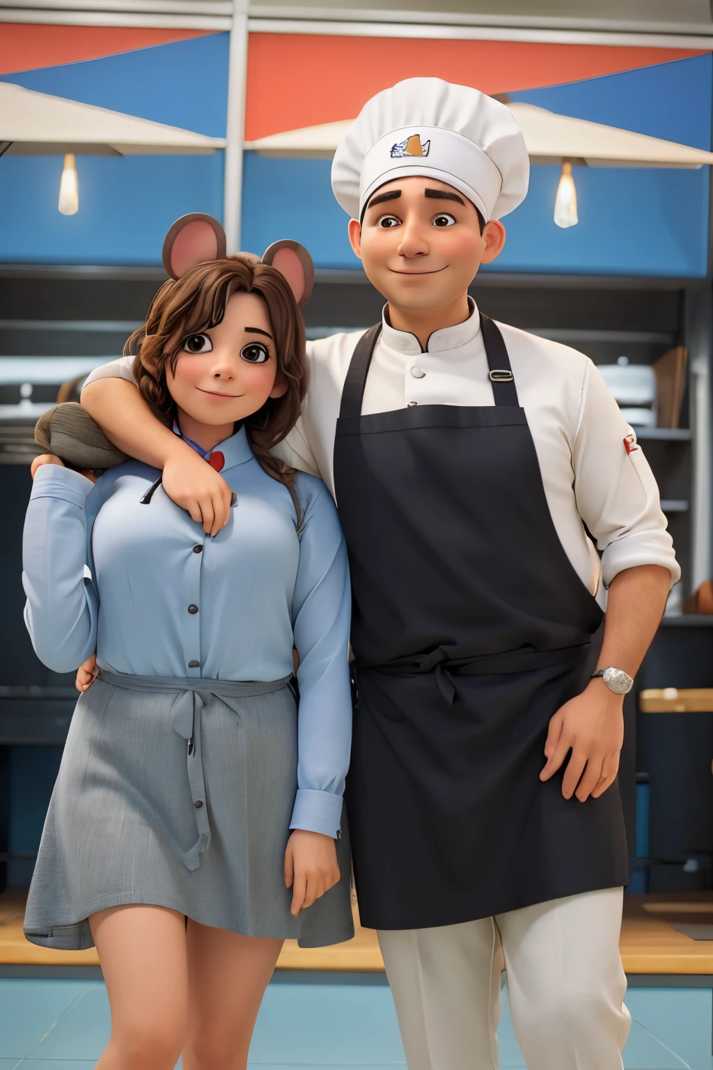 Photo of couple dressed as mouse and chef, abrazados,