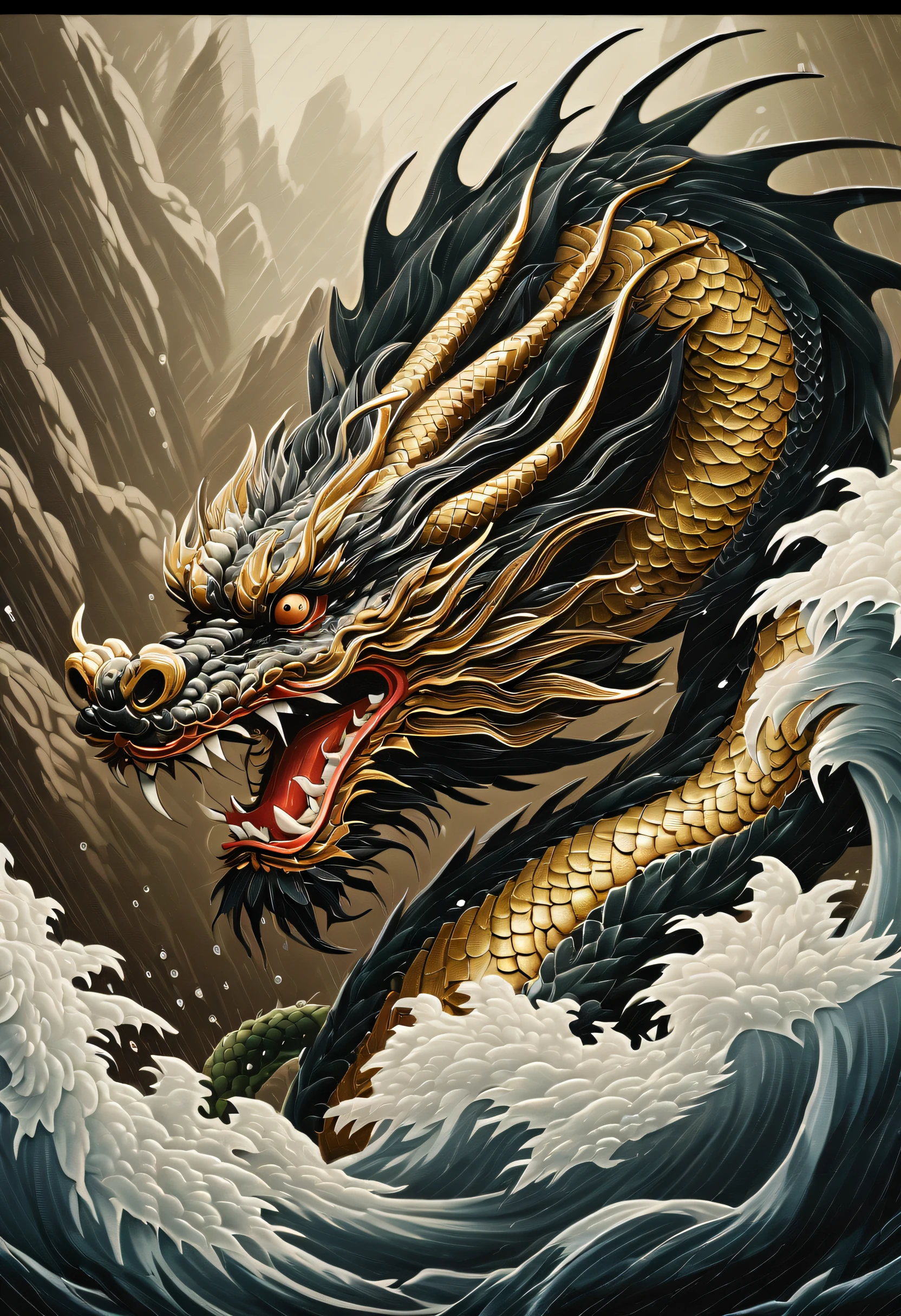 Chinese dragon illustration, Heavy rain, Amazing gorgeous gouache illustration, Realism in intricate detail, countless terrifying powers, Unparalleled sharpness and clarity, (((Radiosity rendered in stunning 32K resolution:1.3))),All captured with sharp focus, Highest Quality, hightquality,