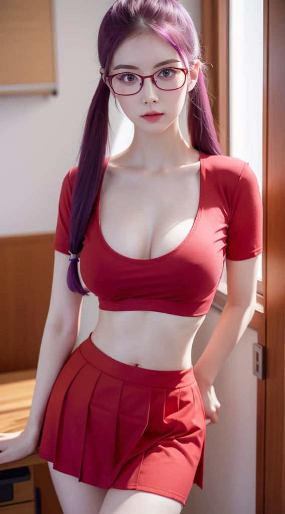 A beautiful woman standing in class room, wearing ((glasses, red shirt, skirt)), pale skin, smooth pale skin, skin tune pink, perfect body, detailed body,((round big breast, small titts, big hips)), cute face, purple hair, pigtail hair, super detailed, 8k