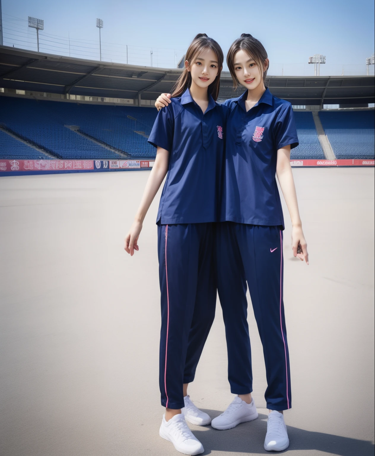 (bestquality,10,10,highres,masterpiece:1.2),ultra-detail,(Realistic,photorealistic portrait,photo-realistic:1.37),1 Cute girl in the football field,oily shiny skin,bara,light smile,BDclothelue shirt:1.3)),short sleeves,shirt, trousers.,(navy_long_Pants Track:1.1), ((Stadium Background:1.3)),dynamic angle,excited,face focus,Dynamic Poses,from behide,Ass Focus,masterpiece, bestquality, ultra realistic, hyper-detail, 8k resolution, RAW photo, crisp focus, ((Navy blue shirt:1.1)), short sleeves, Long Path, Perfect body, 2 mature women, 18yo, cinematic light,Blue sweatpants,Gymware,Correct anatomy,Complete body, Correct body, sharp face, Anatomically correct body, full entire body, Realistic gestures, long-haired, Realistic poses,Wear long shorts...............................,Long leg span,Shapely,Sculpting Girl, Slender Figure, mannequin mannequins, Shapely, Beautiful body,Blue sweatpants, Two girls kissing