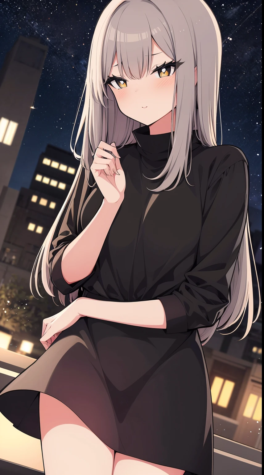 (best quality,ultra high resolution,depth of field:1.2),beautiful face,1girl,medium chest,(gray hair:1.3),innocent smile,natural makeup,space background,stars_sky,moonlight,night