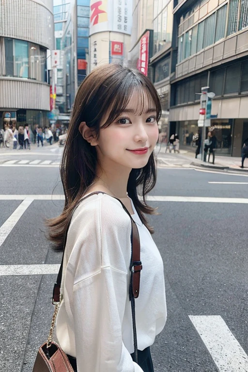 masutepiece, Best Quality, Illustration, Ultra-detailed, finely detail, hight resolution, 8K Wallpaper, Perfect dynamic composition, Beautiful detailed eyes, Medium Hair, Natural Color Lip, Random Poses,Smile,Aoyama Street Walk、20 years girl, 8K，RAW photogr，best qualtiy，tmasterpiece，（realisticlying，Photorealsitic：1.37），（look at the audience:1.331），posing in the，Street Tokyo，tome#39;I&#39;m the only girl