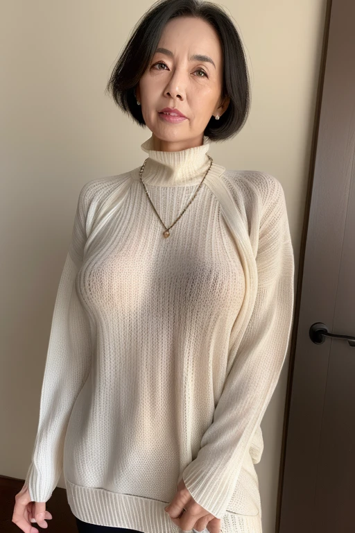 (((1 Japanese 65-year-old woman))), ((Sagging under the eyes)),(((nasolabial folds))),独奏,masutepiece, Best Quality, Photorealsitic, super detailed skin, Sharpen, Perfect Anatomy,Inside the city,Anatomy,独奏,Longhaire,((old body)), Sagging udder) (thick waist),(flabby body)(,Plump body),bunk butt,Serious look,Mature AV Actress, glamor, A sexy,(((Fair skin with many wrinkles))),small diamond necklace,(((Tunic sweater))),skirt by the,(Black high heels),Staring at this,