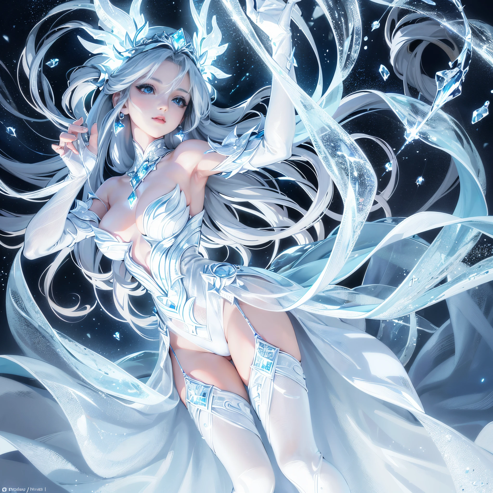 (best quality, 4k, 8k, high resolution, masterpiece: 1.2), ultra detailed, (realistic, photorealistic, photorealistic: 1.37), icy ice goddess, crystal skin, icy blue eyes, flowing silver hair, diaphanous ballroom dress made of ice shards, delicate frost patterns on the skin, ethereal beauty, supernatural aura, elegant frozen pose, magical ice crystals surrounding her, powerful yet serene expression, sparkling icicles in the background, subtle glow from within, the goddess of winter and Beauty, fascinating and captivating presence, blue-white color palette, ethereal and dreamy lighting, sparkling ice particles in the air, standing facing front with one leg showing, ice-colored standard high heels