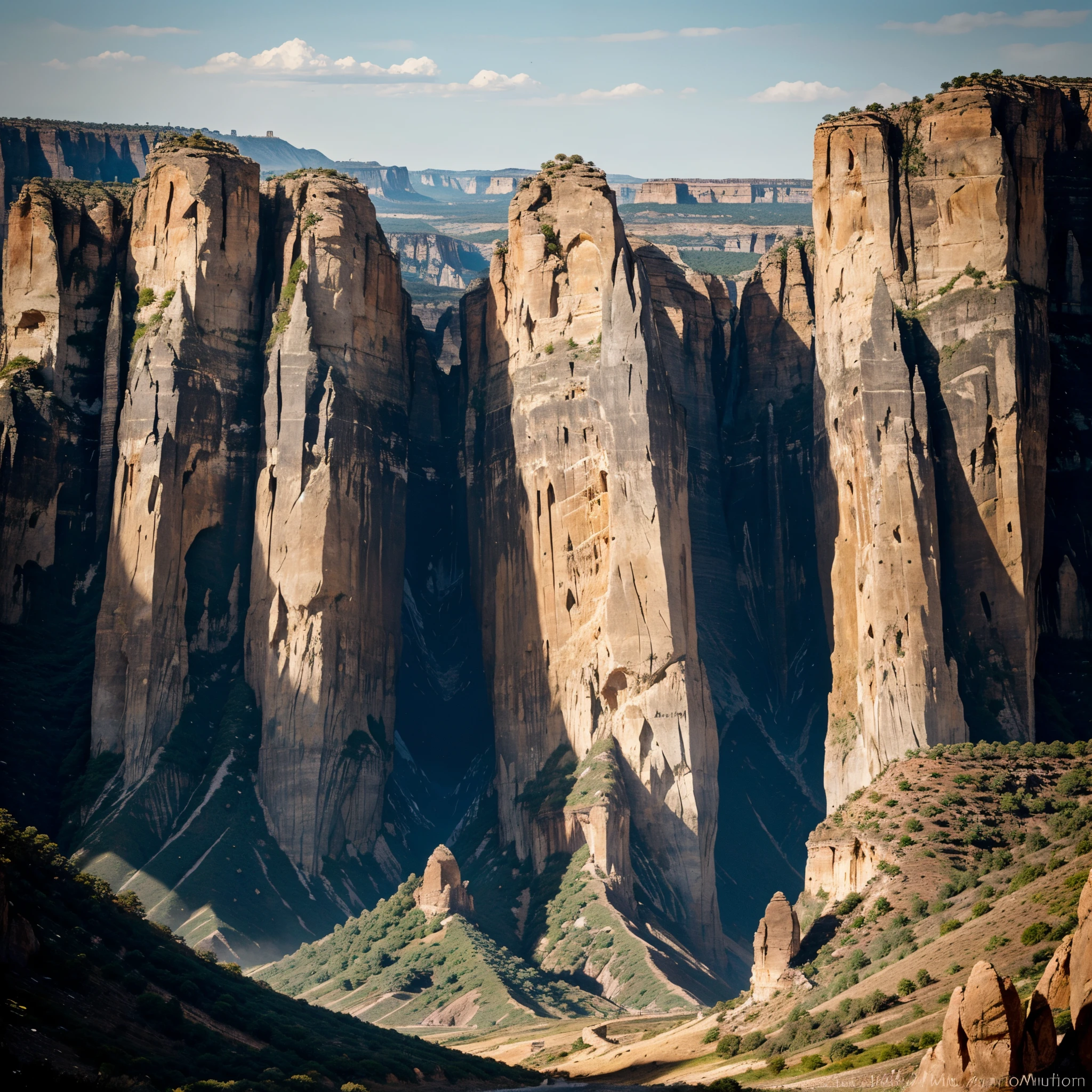 An awe-inspiring landscape of towering rock formations and majestic cliffs, each intricately sculpted by the hands of time, enhanced with vibrant colors and textures. The image, a breathtaking photograph, perfectly captures the raw grandeur of nature's masterpieces. The imposing rocks rise dramatically into the sky, displaying jagged edges and intricate patterns etched by millennia of erosion. The sheer size and majestic beauty of these formations inspire a sense of wonder and reverence, leaving viewers mesmerized by the impeccable quality of the image.