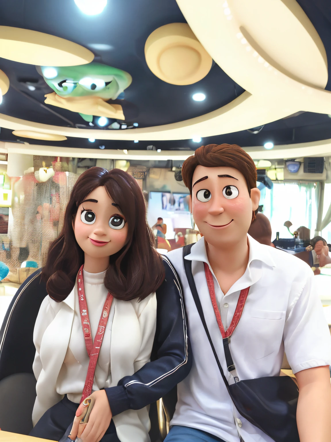 woman and man taking cute picture together, pixar character