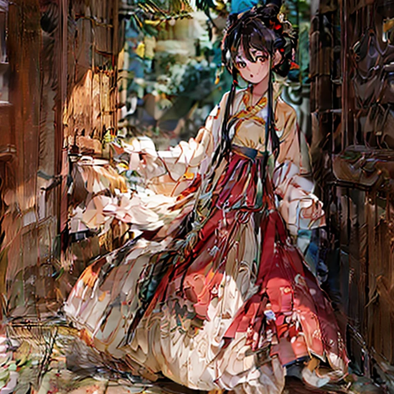 Wearing red and yellow banana hanfu,holding a bow。