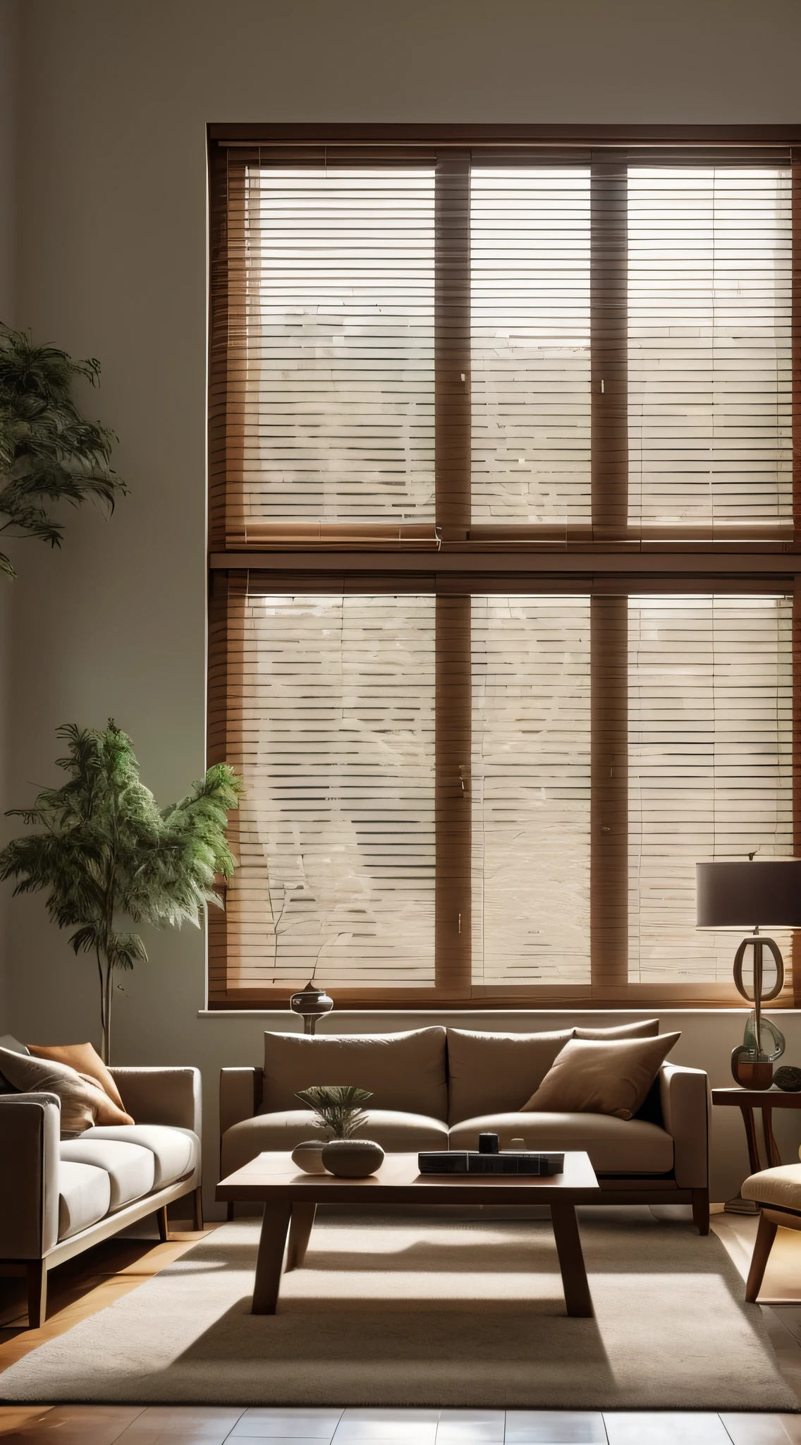 modern living room,Brown sofa,floor to ceiling window,window shutters,rays of sunshine,turtle leaf,Christmas tree