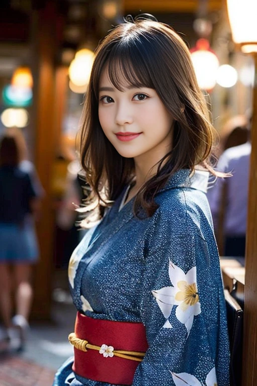 (8K、Raw photography、top-quality、masterpiece:1.2)、(realisitic、Photorealsitic:1.37)、ultra-detailliert、超A high resolution、1人、see the beholder、beautifull detailed face、A smile、Constriction、(Slim waist) :1.3)、Beautiful detailed skin、Skin Texture、Floating hair、Professional Lighting、Whole human body、Longhaire、a blond、Japan floral yukata、Hotel、Bob Hair、Summer Festivals、Happy smile