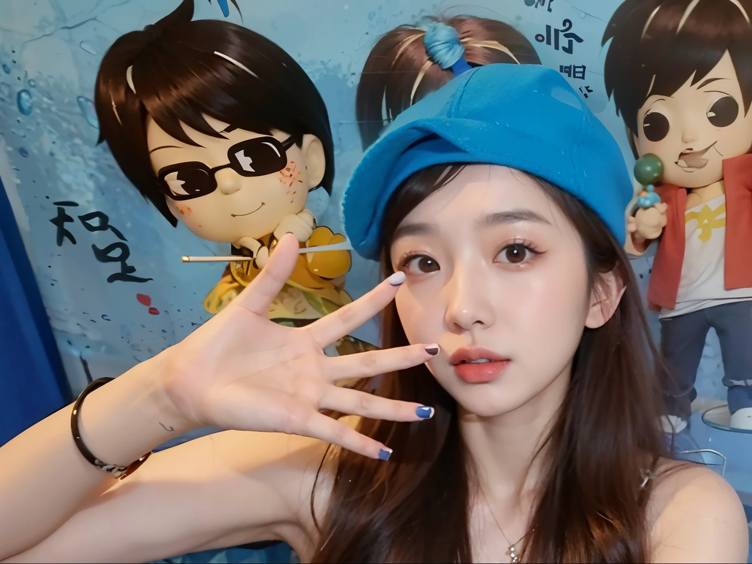 Arafed woman wearing blue hat showing peace sign, Nam Jae-yeon, Cui Xianhua, ulzzangs, Jung Sang-soo, jinyoung shin, adolable, Parking distance - minutes, Lee Ji-eun, lee ji eun, Bae Xiuzhi, Kim Tae-joon, Masayoshi Sudo and Art Germany, Korean girls, wenfei ye