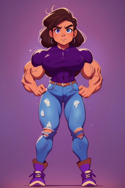 muscle girl with High cheekbones and a strong jawlineflexing muscles wearing purple muscle shirt and light blue jeans, her hair a rich chestnut brown, giving her a dynamic and youthful appearance, muscle woman, big muscles, huge muscles, massive muscles, muscle girl, bronze skin, Her facial features are a mix of determination and kindness, with expressive eyes that radiate a sense of adventure