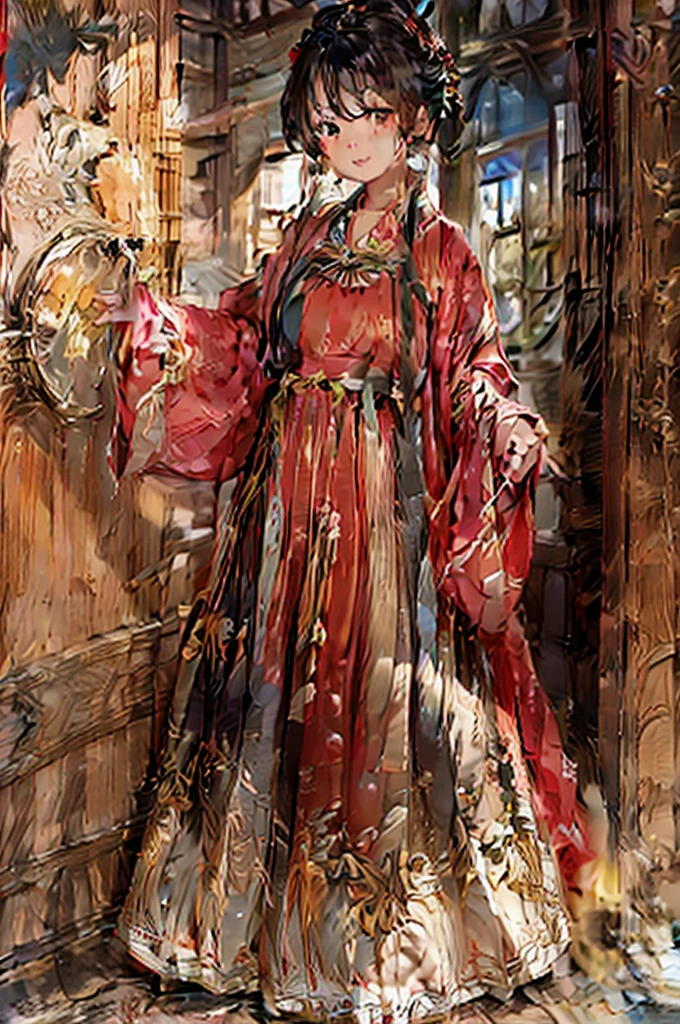 A girl wearing a gold and red Hanfu holding a bow