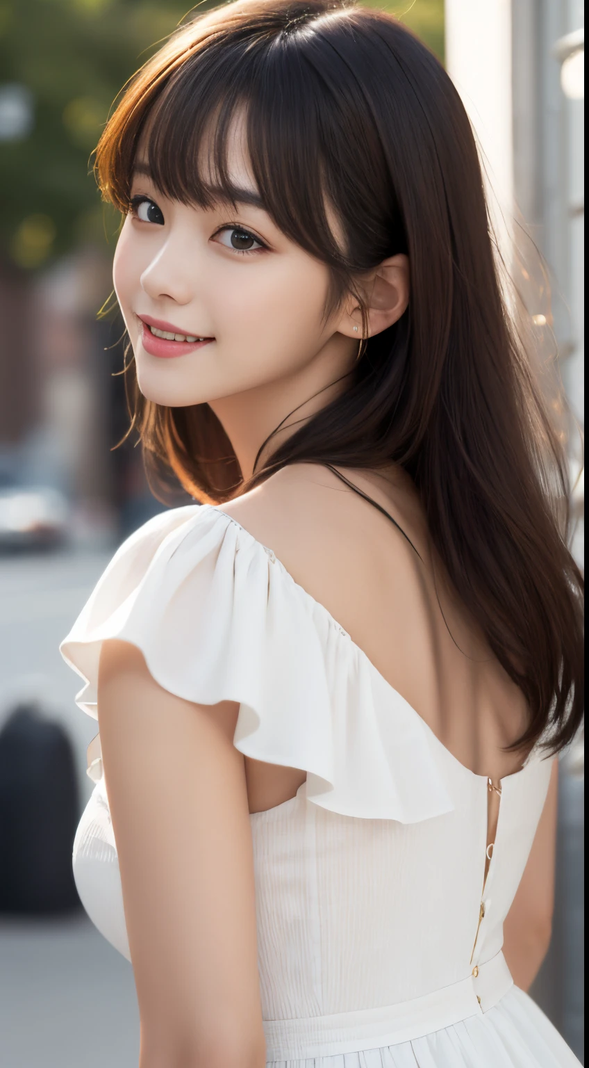 White see-through blouse,Face Interview, (Photo Real:1.4), (hyper realisitic:1.4), (realisitic:1.3), (Smooth lighting:1.05), (Improve video lighting quality:0.9), 1womanl, (An 18-year-old woman:1.2), Realistic lighting, Back lighting, Facial light, raytrace, (cheerfulness:1.2), (Improved image quality:1.4), (Finest Real Textured Skins), finely eye, a small face, Red cheeks, skinny body, medium-breasted pointed jaws,,,,,,,,,, Korean Idol, Nogizaka Idol, glowy skin, hposing Gravure Idol, P, Blunt bangs, light brown hair, hair behind ear, hair over shoulder, Long hair,Tear bag,Summer plateau、White Dress、