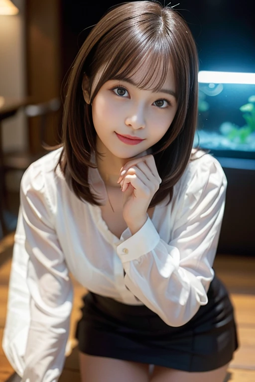 in 8K,Best Quality:1.4, 超A high resolution:1.5, (Photorealistic:1.4),masterpiece:1.2,(top-quality:1.4)、 Raw photo、(the background is blurred), Aquarium ULL BODYSHOT:1.5、 Girl in 1, Cute, (Solo), (Shy smile), 、(30-years old:1.4)、to stand、Check miniskirt、Cute mini skirt、 (Brown medium hair,Bangs), (touch hair:1.4)、nogizaka、cute little、Supple fingertips,Beautiful black eyes、natural skin textures:1.3, realistic eyes and face details:1.7、middlebreasts、gazing at viewer、beauty legs、autumnal、long-sleeve、fish tank