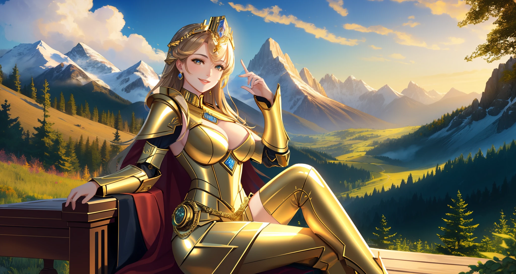 hd masterpiece of woman sitting on a golden throne, outdoors, wearing cybernetic armor, pretty face, smiling, mountains, and clouds, airships in the sky, forest background