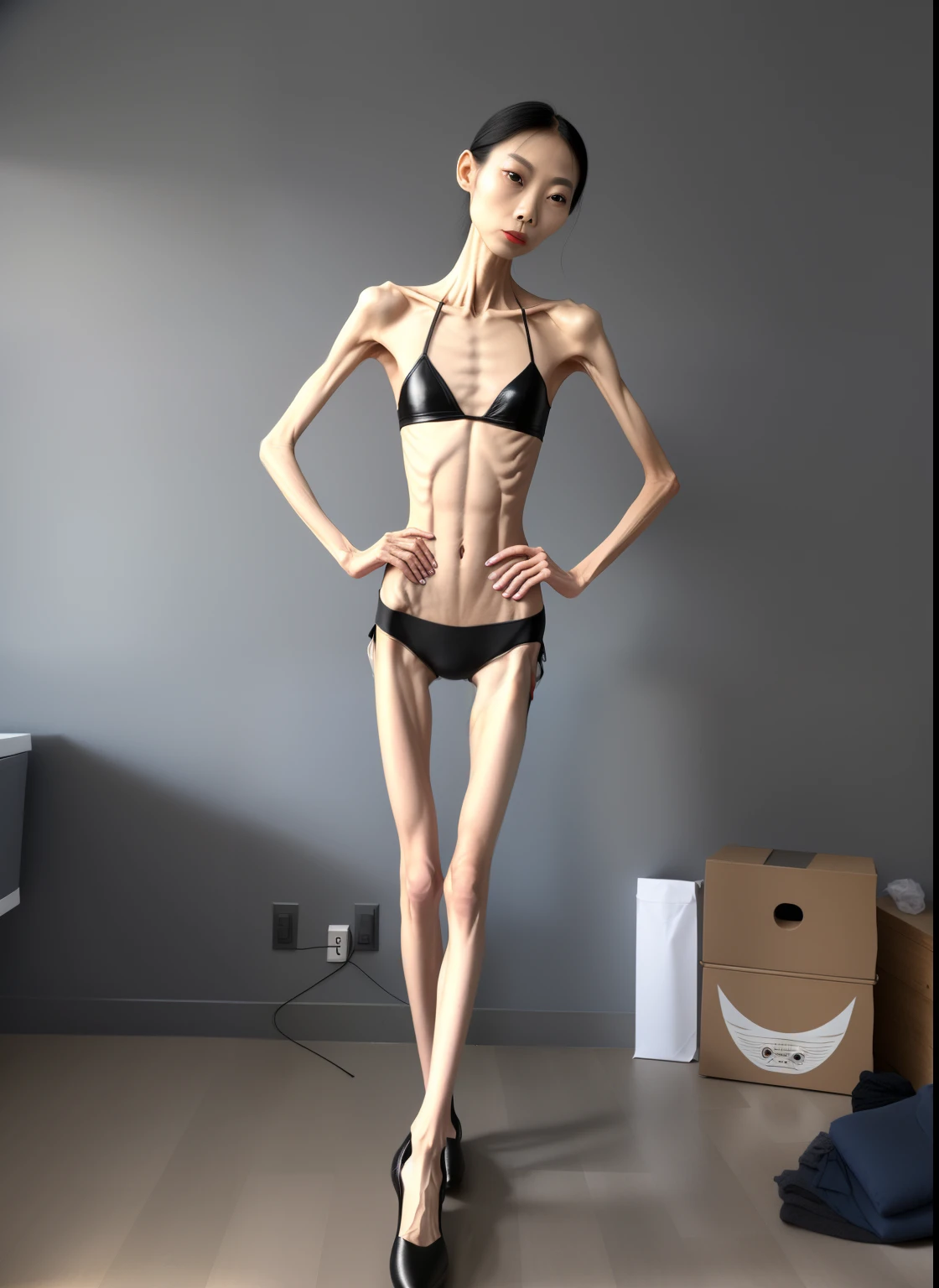 extremely thin woman，The body  very thin，Rib chest，Protruding sternum，The sternum  distinct，The waist  very thin，The ribs are noticeable，Protruding ribs，The pelvic protrusion  very obvious，Clear outline of pelvis，The crotch protrudes，thin shoulde，The waist  very thin，Sunken abdomen，Abdominal muscle atrophy，Delicate arms，arm muscle atrophy，Slender thighs，Knees are obviously protruding，Ankle bulges，The ankle bones are obvious，The leg bones are obvious，leg muscle atrophy，anorexia，Wear tight leather pants，Wear slippers，Significant atrophy of dorsalis pedis muscles，Asia face，Haggard expression，domestic violence，Excessive weight loss，sunken face，Apply lipstick，Severe malnutrition，The body  so thin that only the skeleton  left